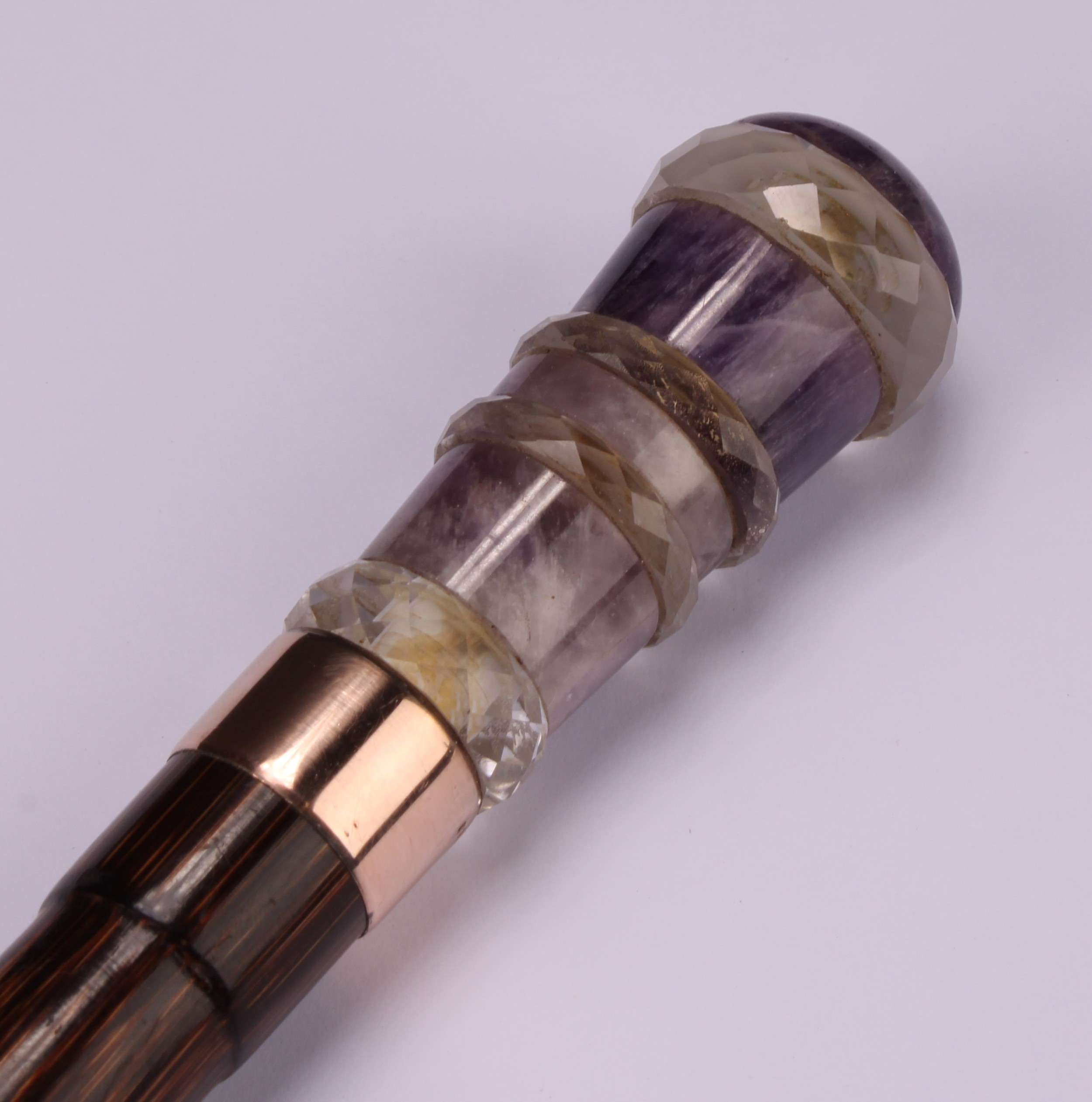 An early 20th century amethyst quartz and rock crystal sectional walking cane handle, probably - Image 3 of 3