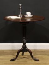 A 19th century mahogany tripod occasional table, one-piece circular tilting top, turned parcel-