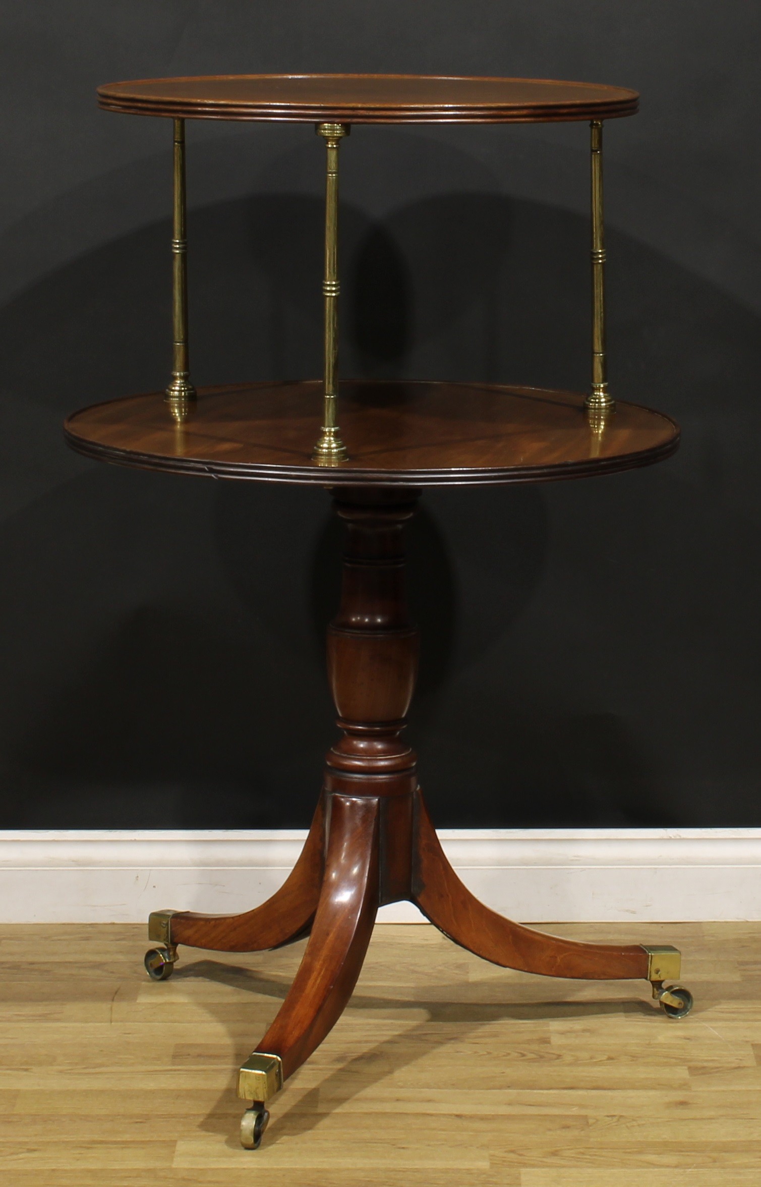 A Regency mahogany two-tier dumbwaiter, circular plateaux with reeded edge, brass columnar supports, - Image 3 of 4