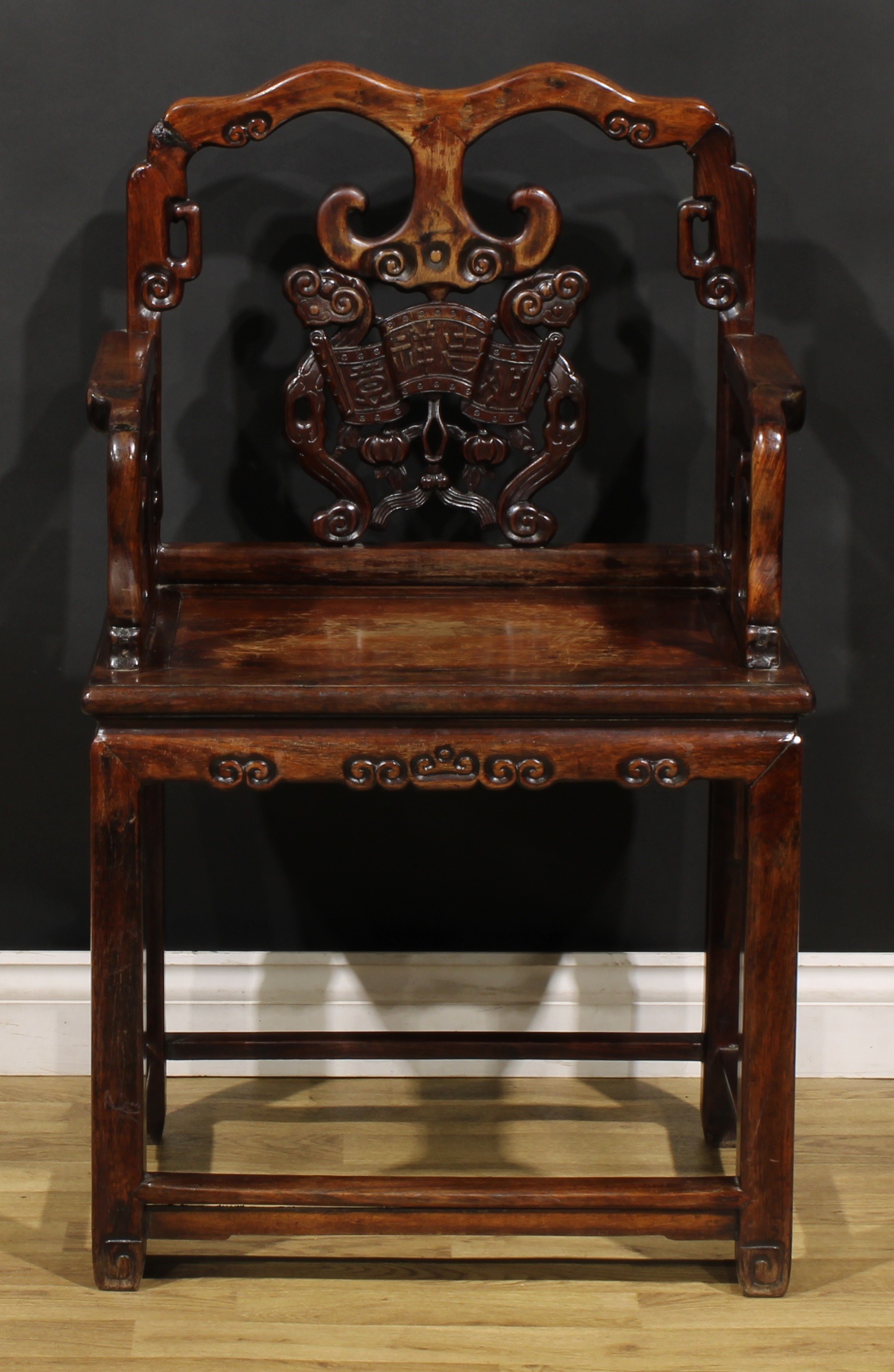 A pair of Chinese hardwood taishi armchairs, each with a shaped back carved with ruyi scepters, - Image 6 of 9