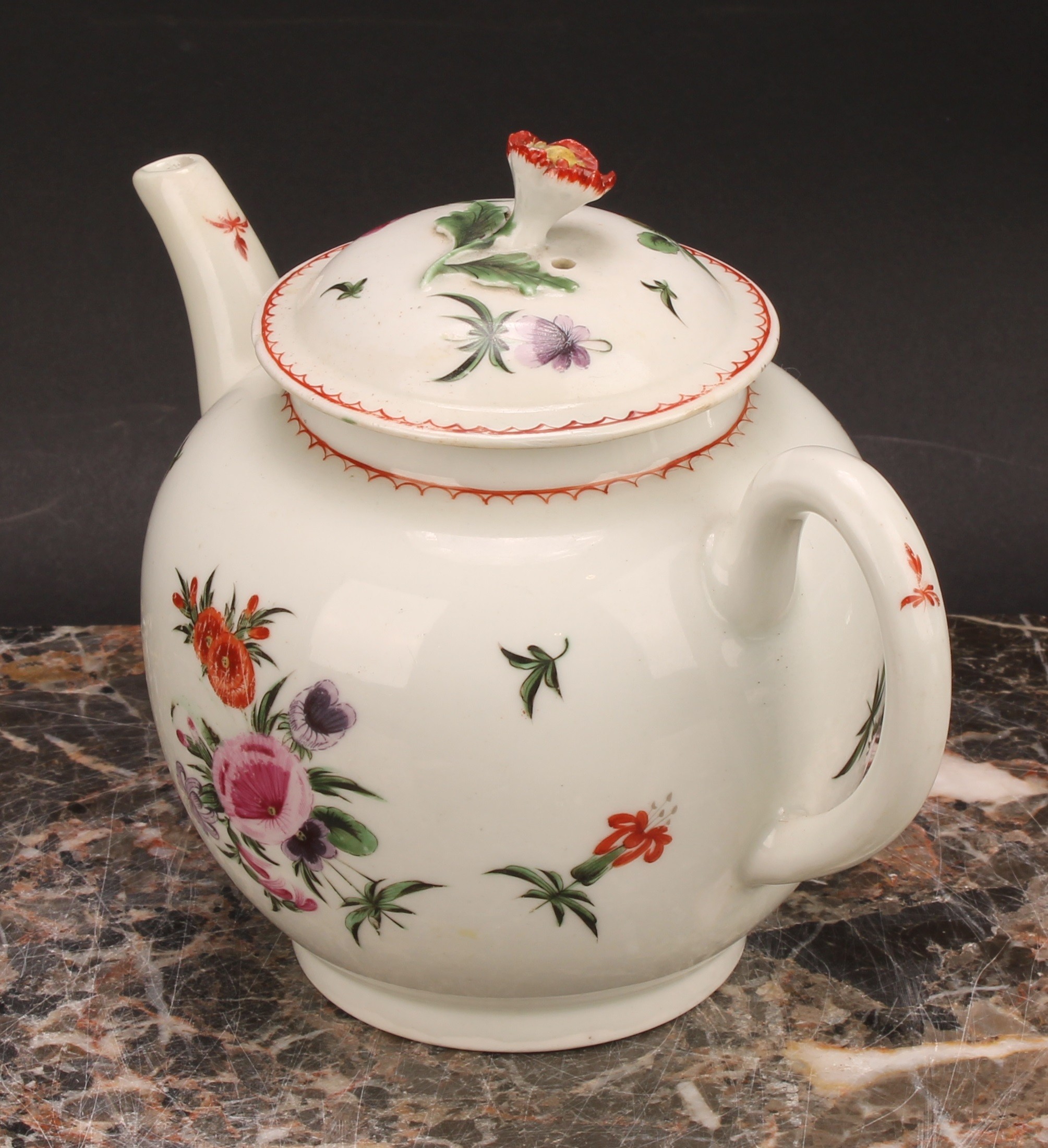 A Worcester globular teapot and cover, painted with floral bouquets and sprigs in polychrome, line - Image 3 of 5