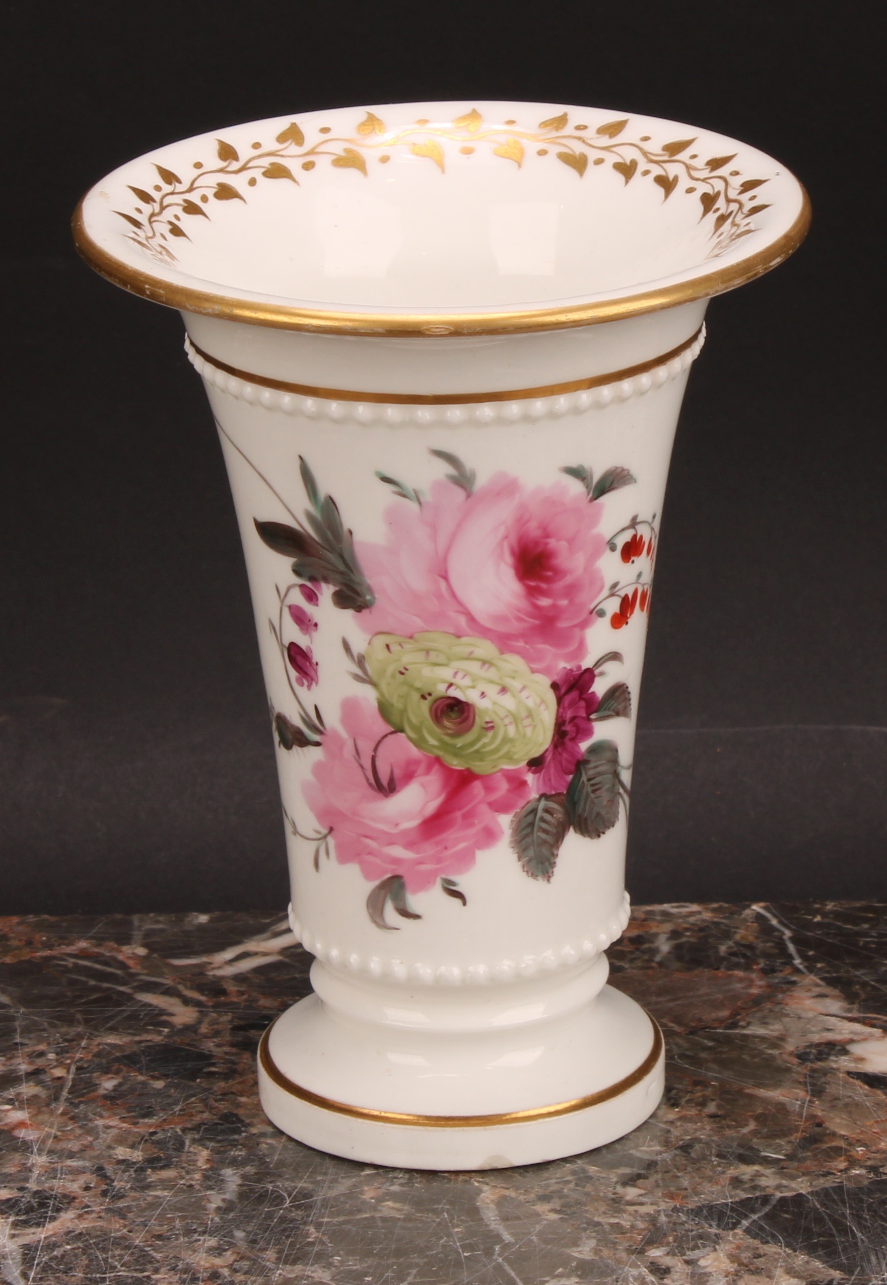 An English porcelain flared cylindrical spill vase, probably Rockingham, painted with pink peonies - Image 5 of 6