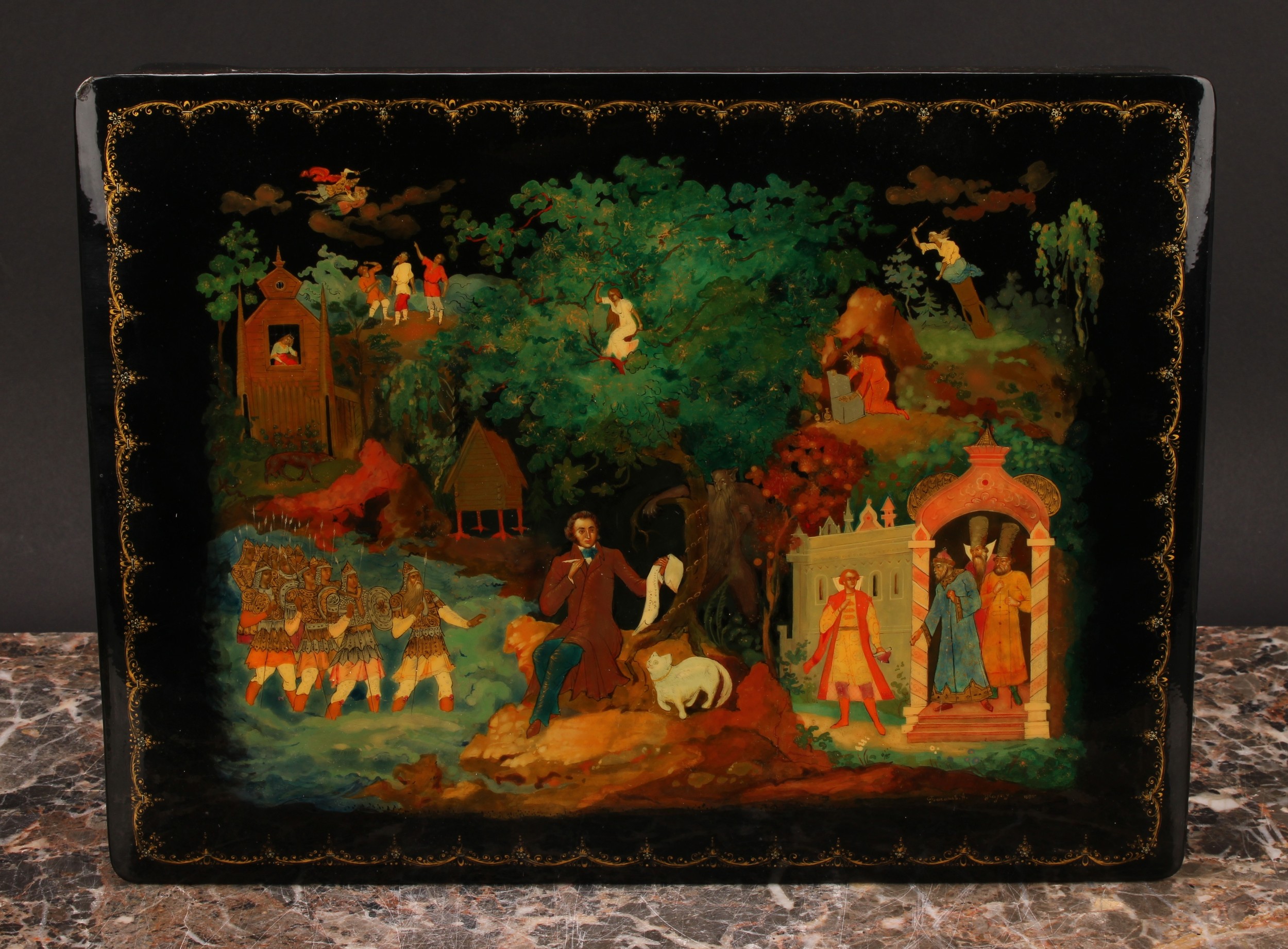 A Russian lacquer rectangular box, the hinged cover painted in polychrome with a narrative scene, - Image 4 of 4