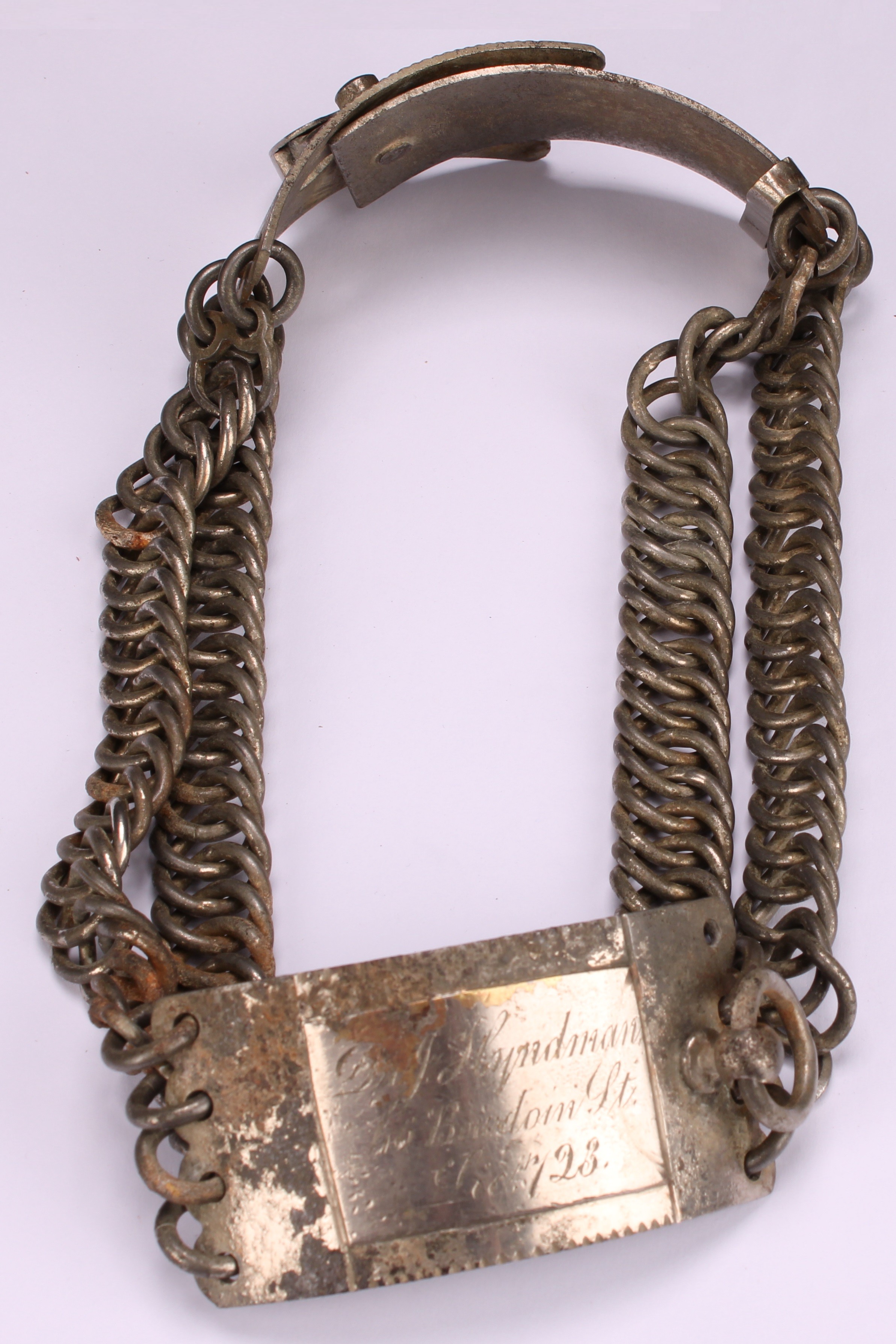 A 19th century American chain-link dog collar, the rectangular plaque inscribed Dr J Hyndman, 46 - Image 2 of 5