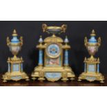 A 19th century French ormolu and porcelain clock garniature, in the Louis XVI Revival taste, 9cm