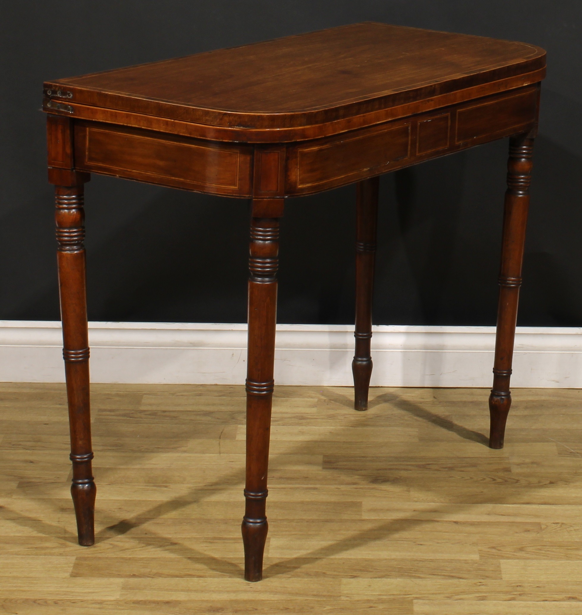 A Regency rosewood crossbanded mahogany card table, hinged top enclosing a baize lined playing - Image 3 of 5