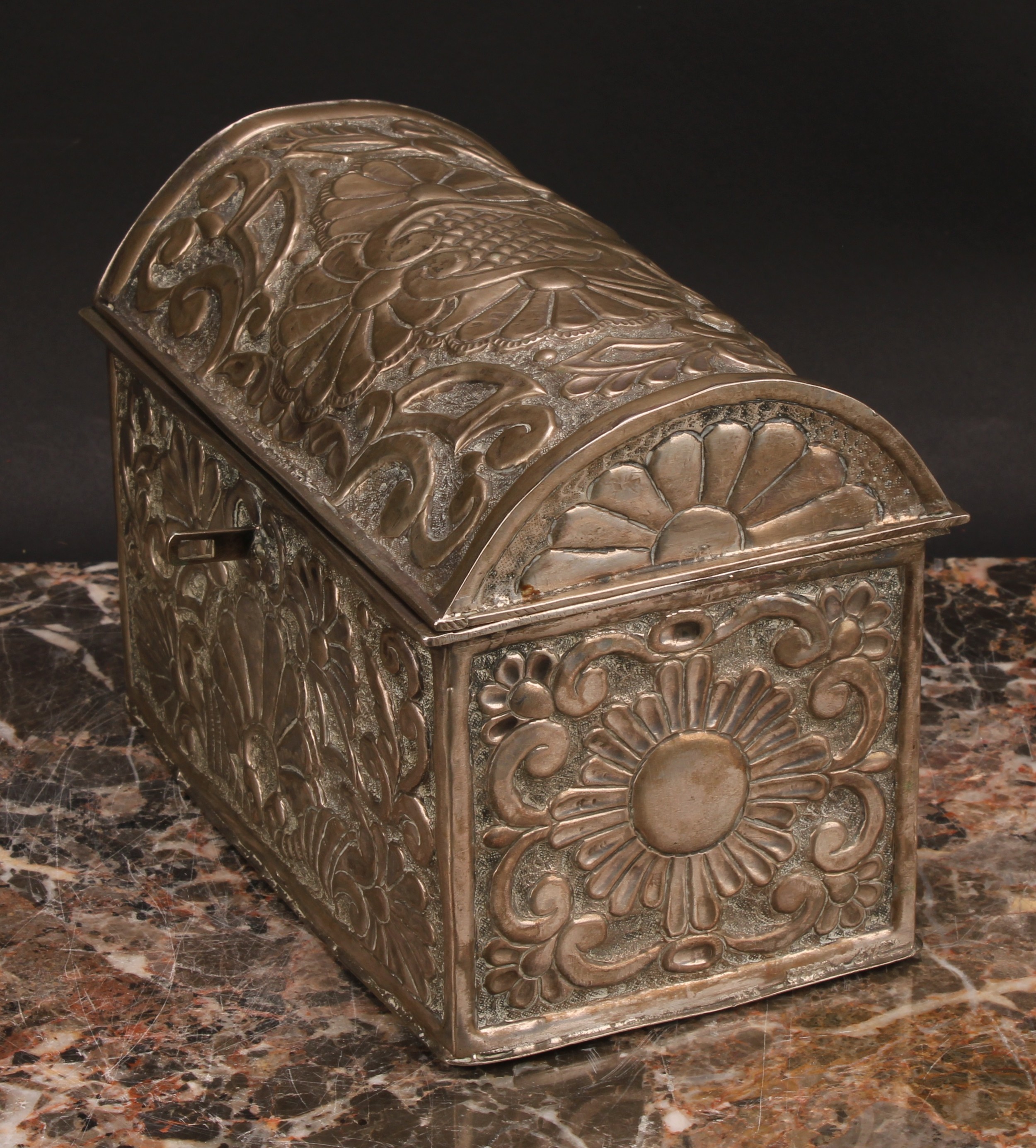 An early 20th century silver coloured metal rectangular casket, probably South American, chased with - Image 5 of 5