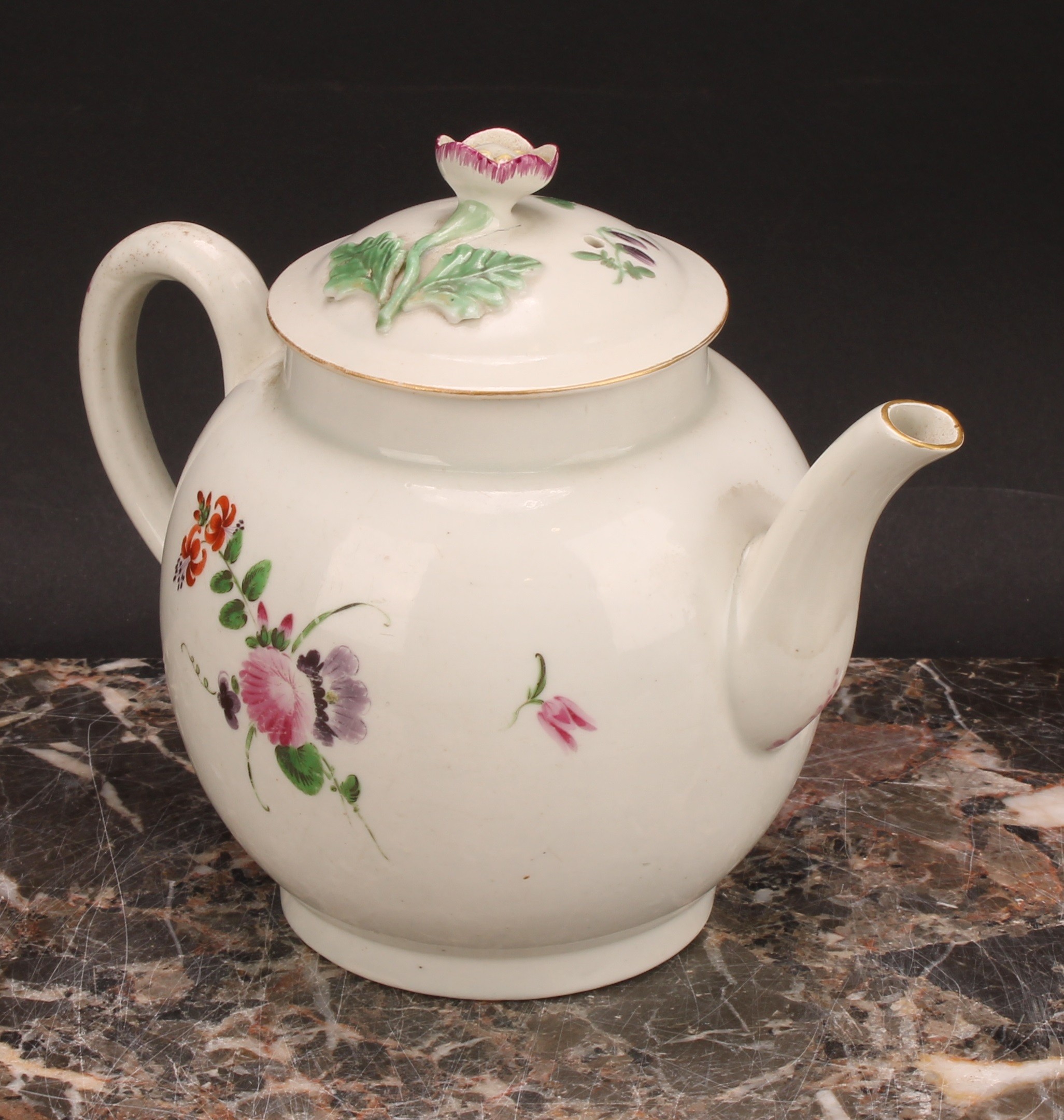 A Worcester globular teapot and cover, painted with floral bouquets in polychrome, flower finial, - Image 3 of 5