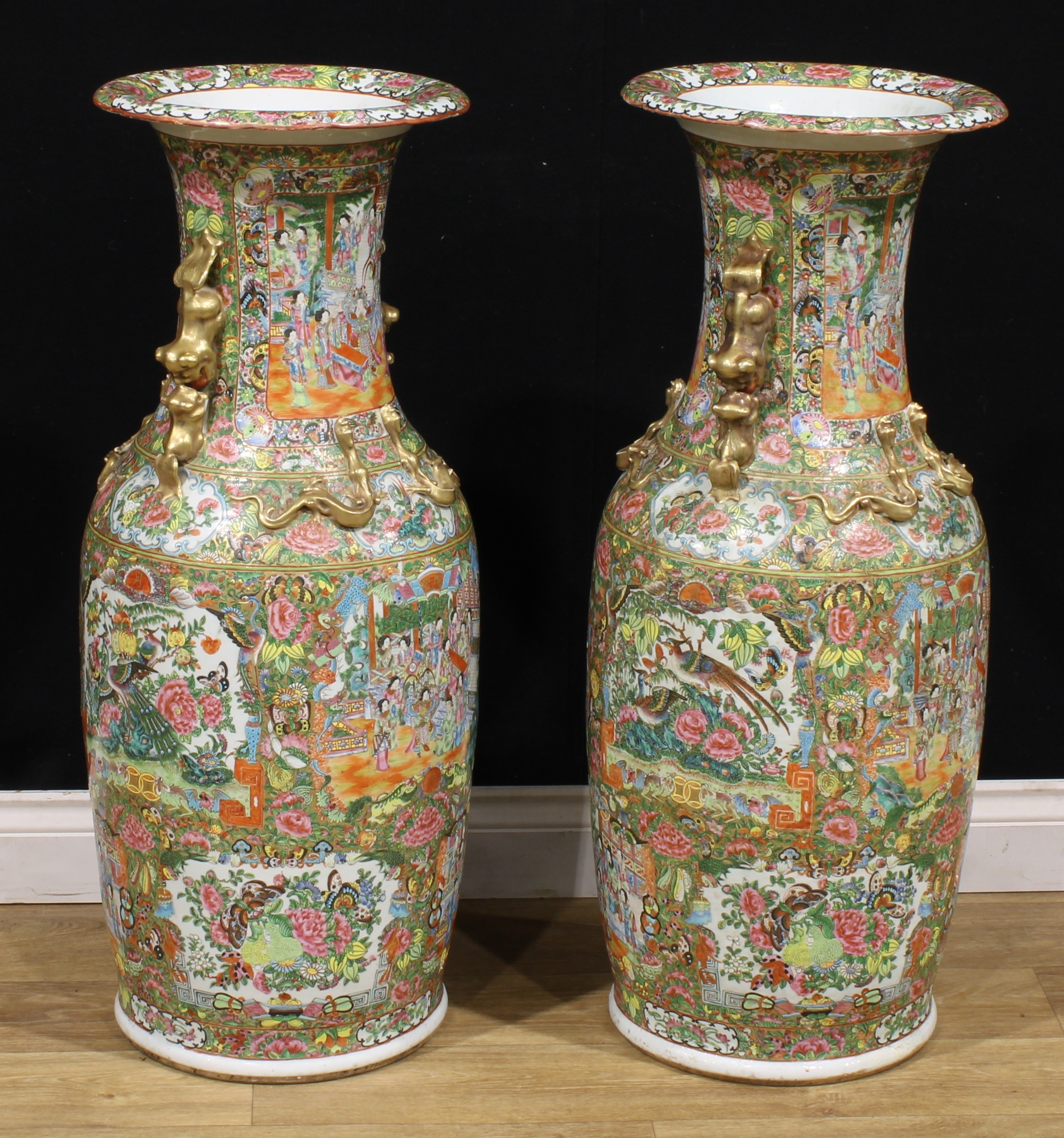 A pair of large Chinese famille rose floor vases, painted in the Cantonese taste with a profusion of - Image 2 of 4