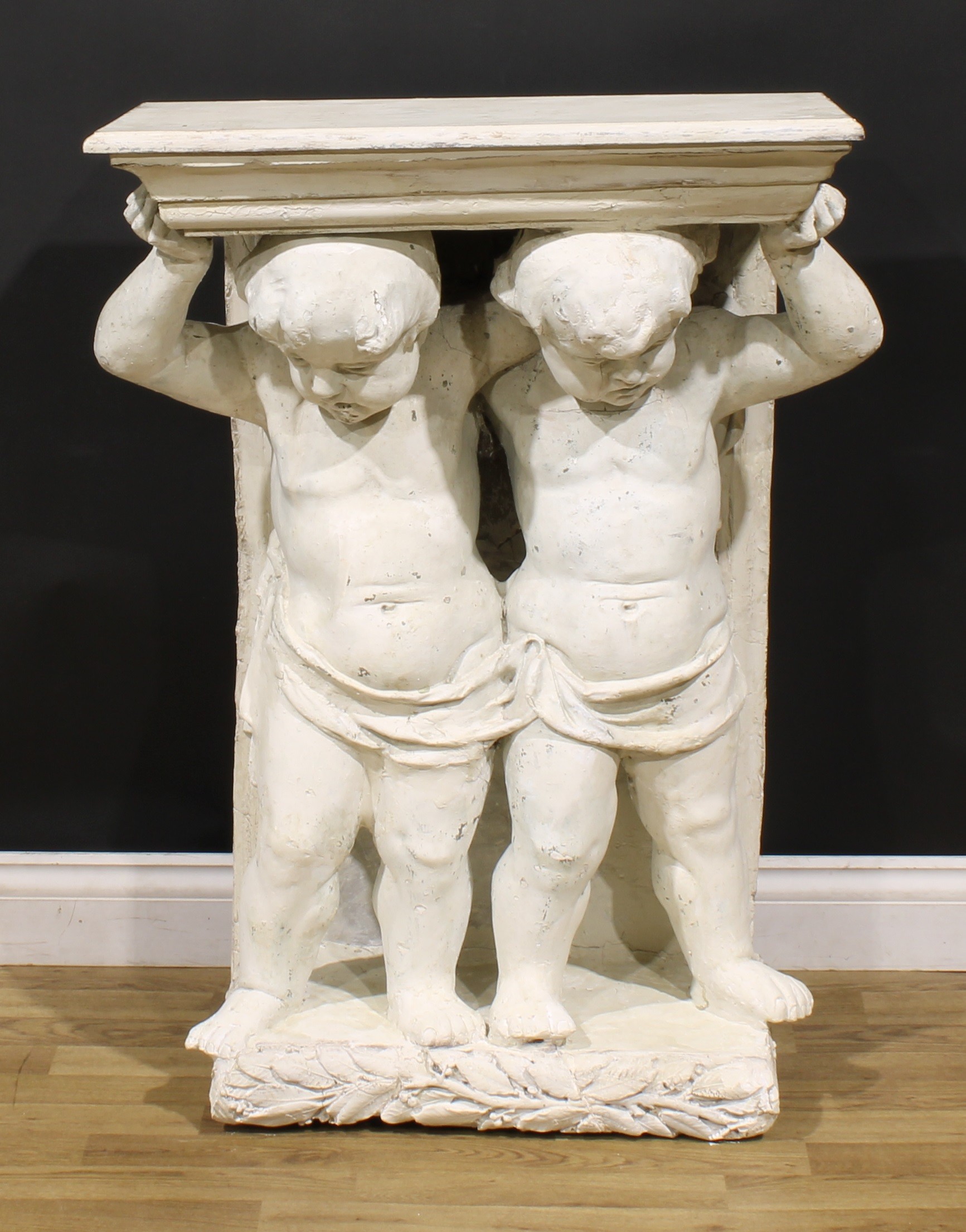 A neoclassical painted plaster and softwood figural pier table, rectangular plateau with moulded - Image 2 of 4