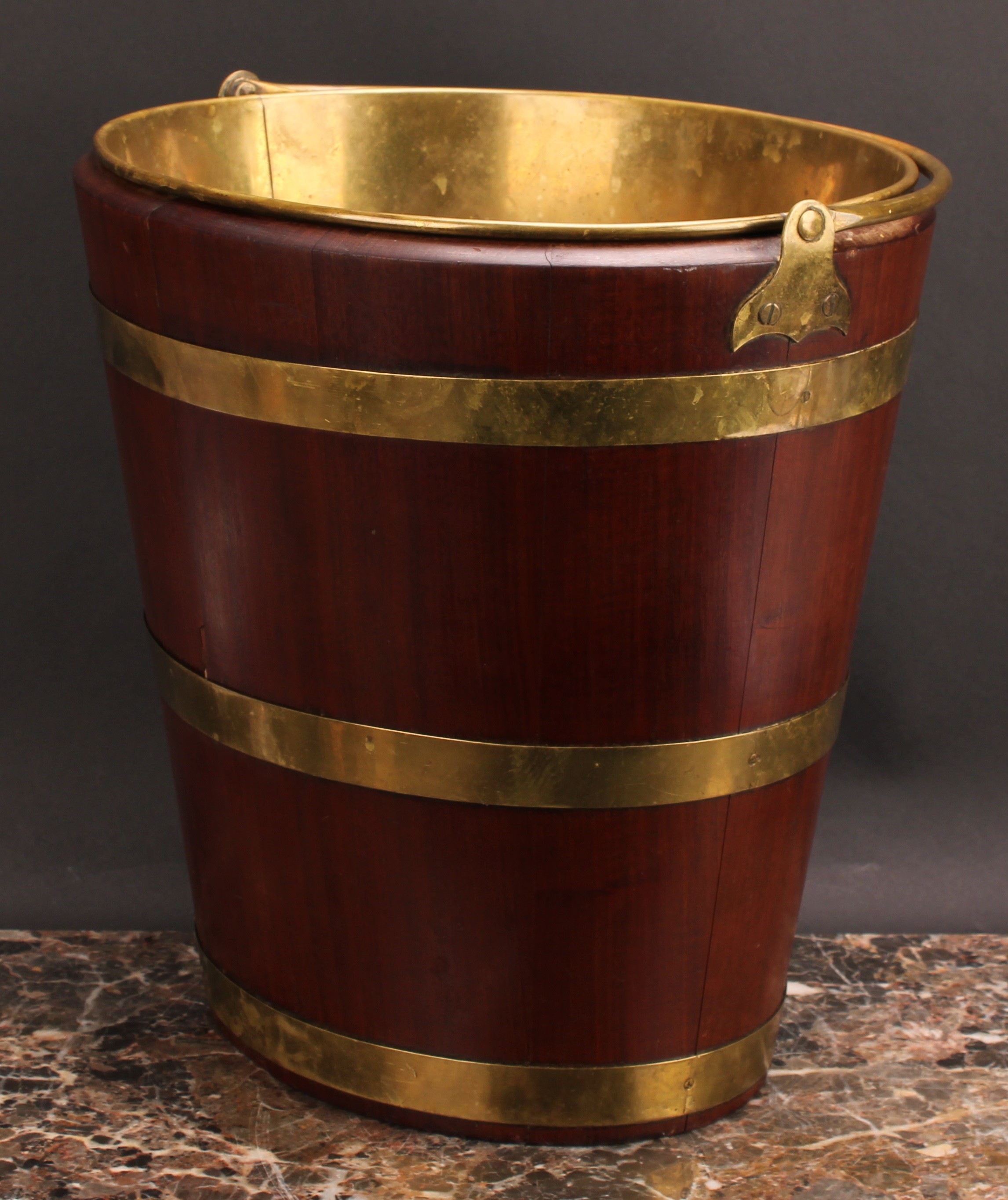 A Dutch brass bound coopered oyster bucket or peat bucket, 47cm high over handle, 34.5cm wide, - Image 3 of 4