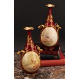 A pair of Doulton Burslem two handled pedestal bottle vases, painted by S. Wilson, signed, with