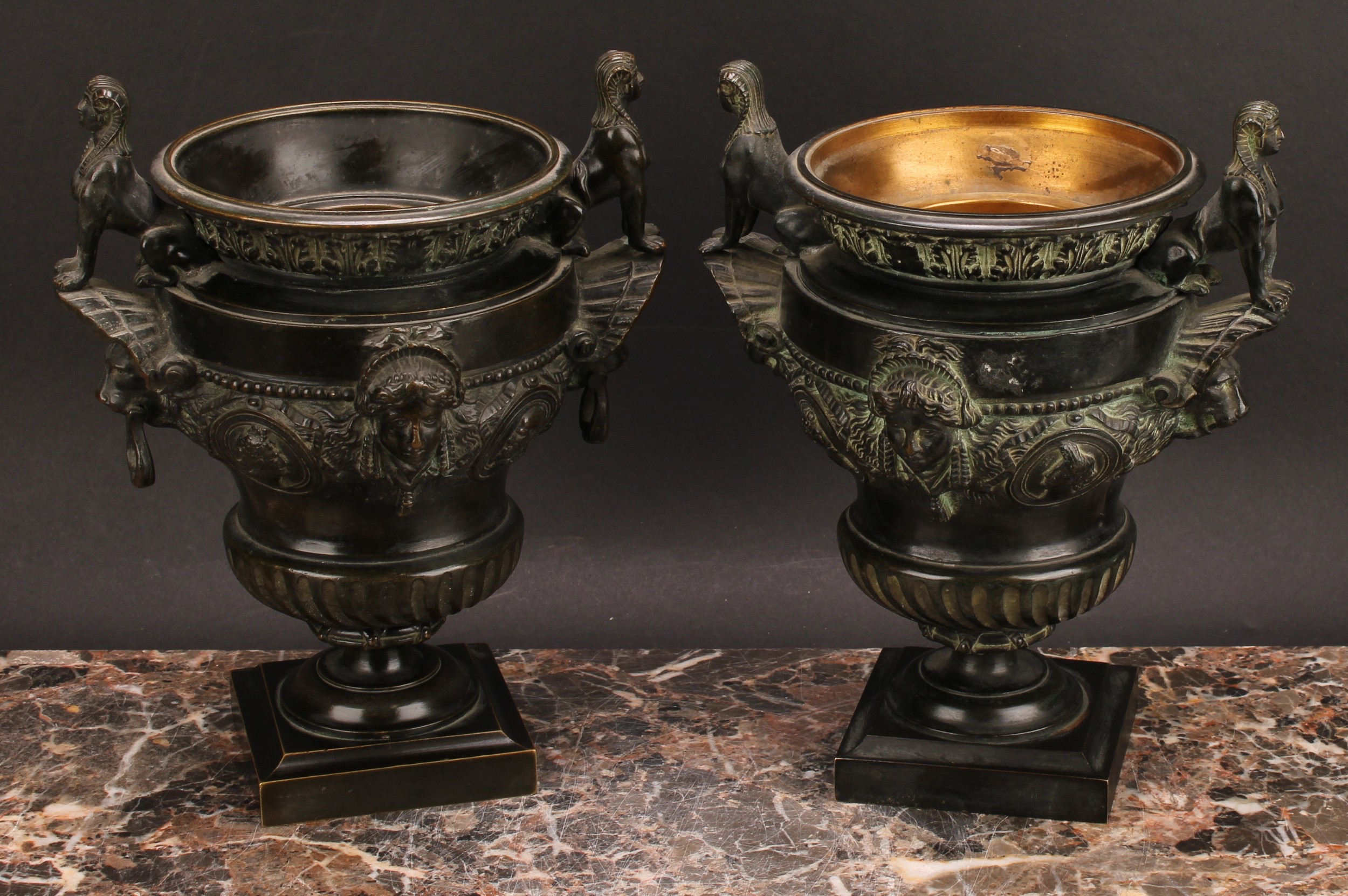 A pair of late 19th century dark patinated bronze urns, cast in the Classical and Egyptian Revival - Image 2 of 6