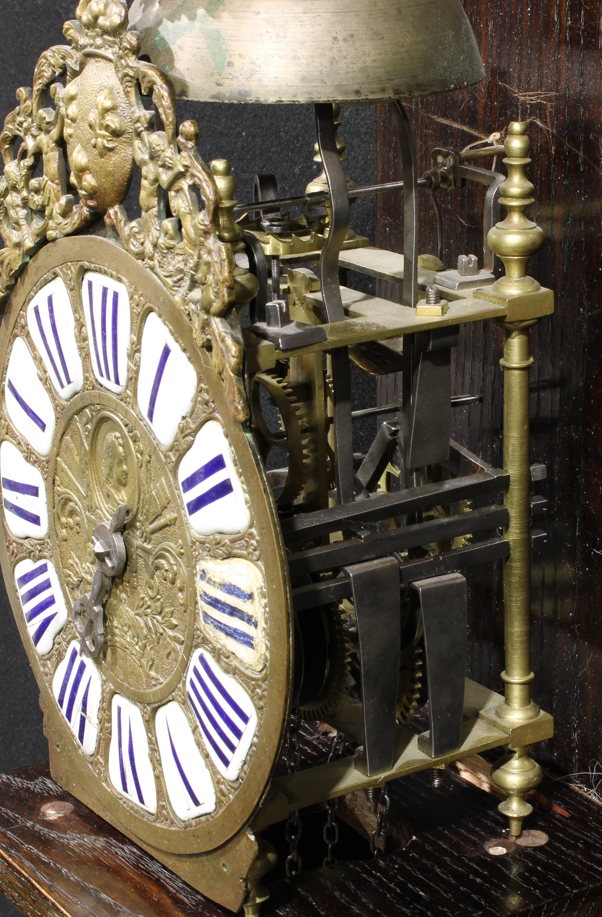 An 18th century French brass lantern clock, 22cm circular dial applied with Roman numerals and - Image 3 of 3