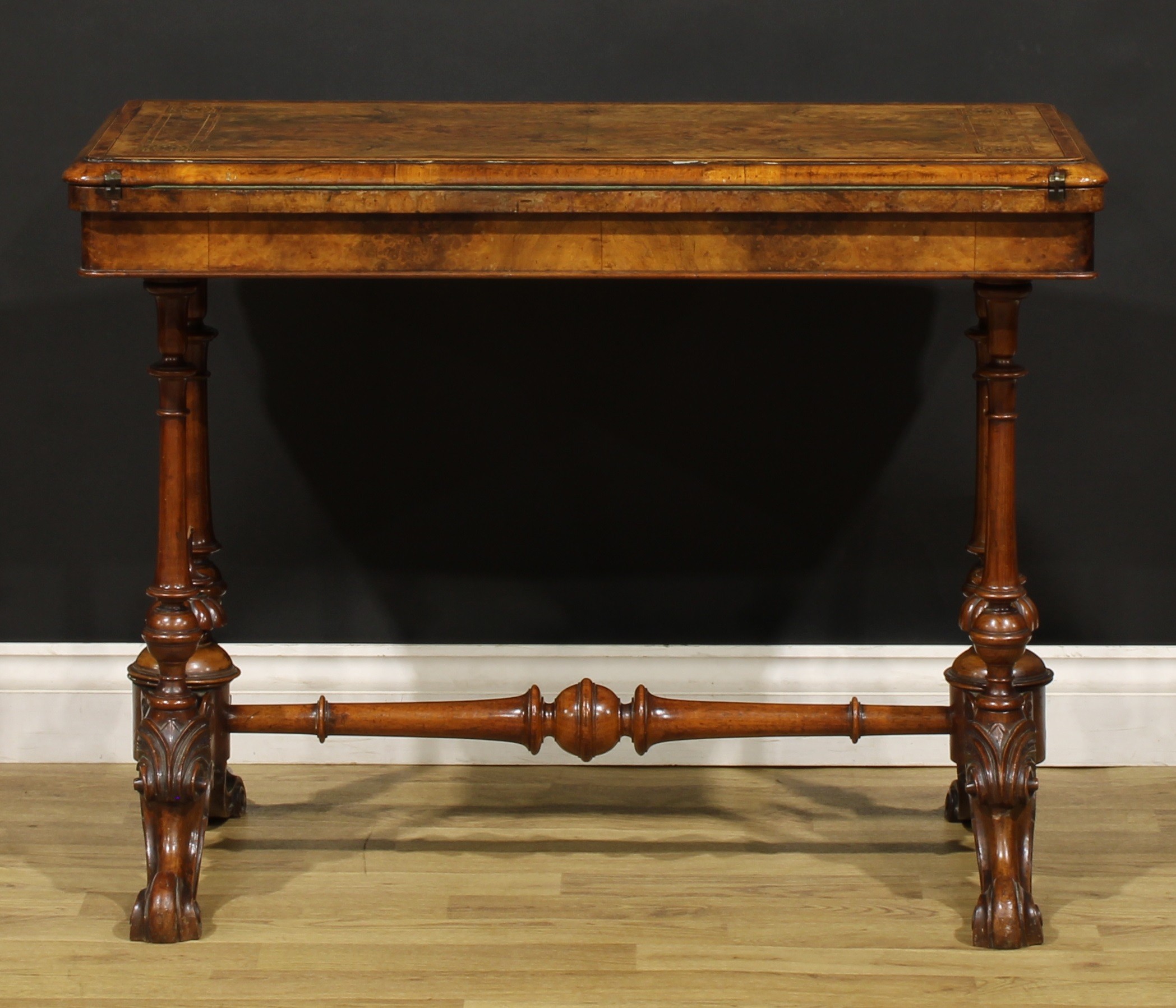 A Victorian amboyna banded walnut and Tunbridge ware card table, hinged top enclosing a baize - Image 6 of 6