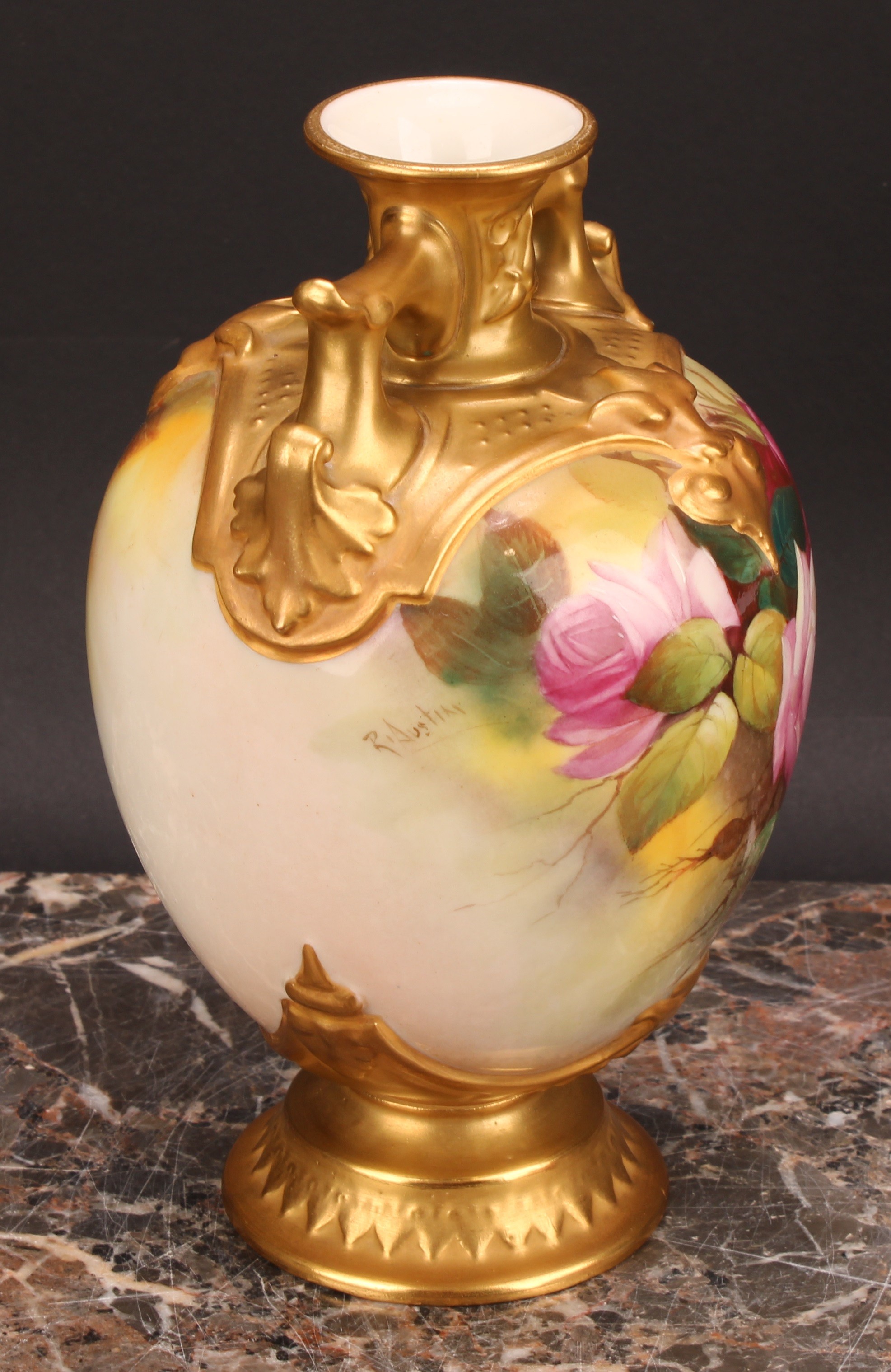 A Royal Worcester ovoid vase, painted by R Austin, signed, with roses on a blush ivory ground, - Image 3 of 7