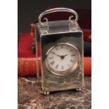 A late Victorian silver carriage timepiece, 5cm enamel clock dial inscribed with Roman numerals,