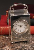 A late Victorian silver carriage timepiece, 5cm enamel clock dial inscribed with Roman numerals,