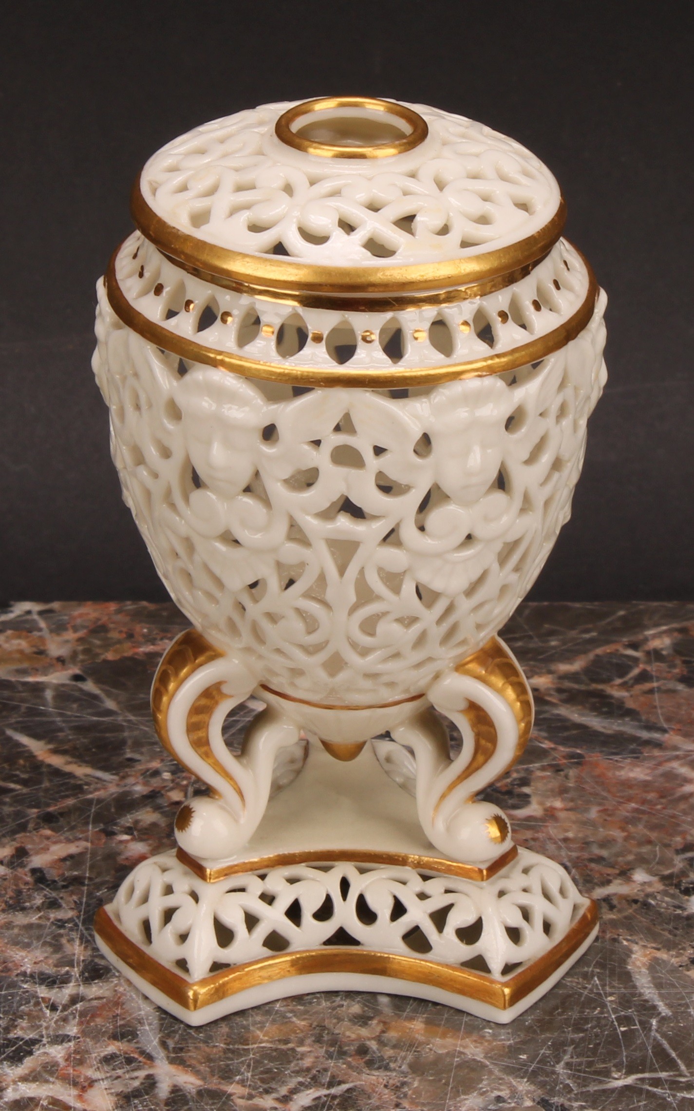 A Graingers Worcester reticulated ovoid pedestal vase and cover, moulded with classical masks, three - Image 2 of 5
