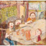 Joanne Hodgen (bn.1964) Rascals, label to verso, oil on board, 29cm x 29cm