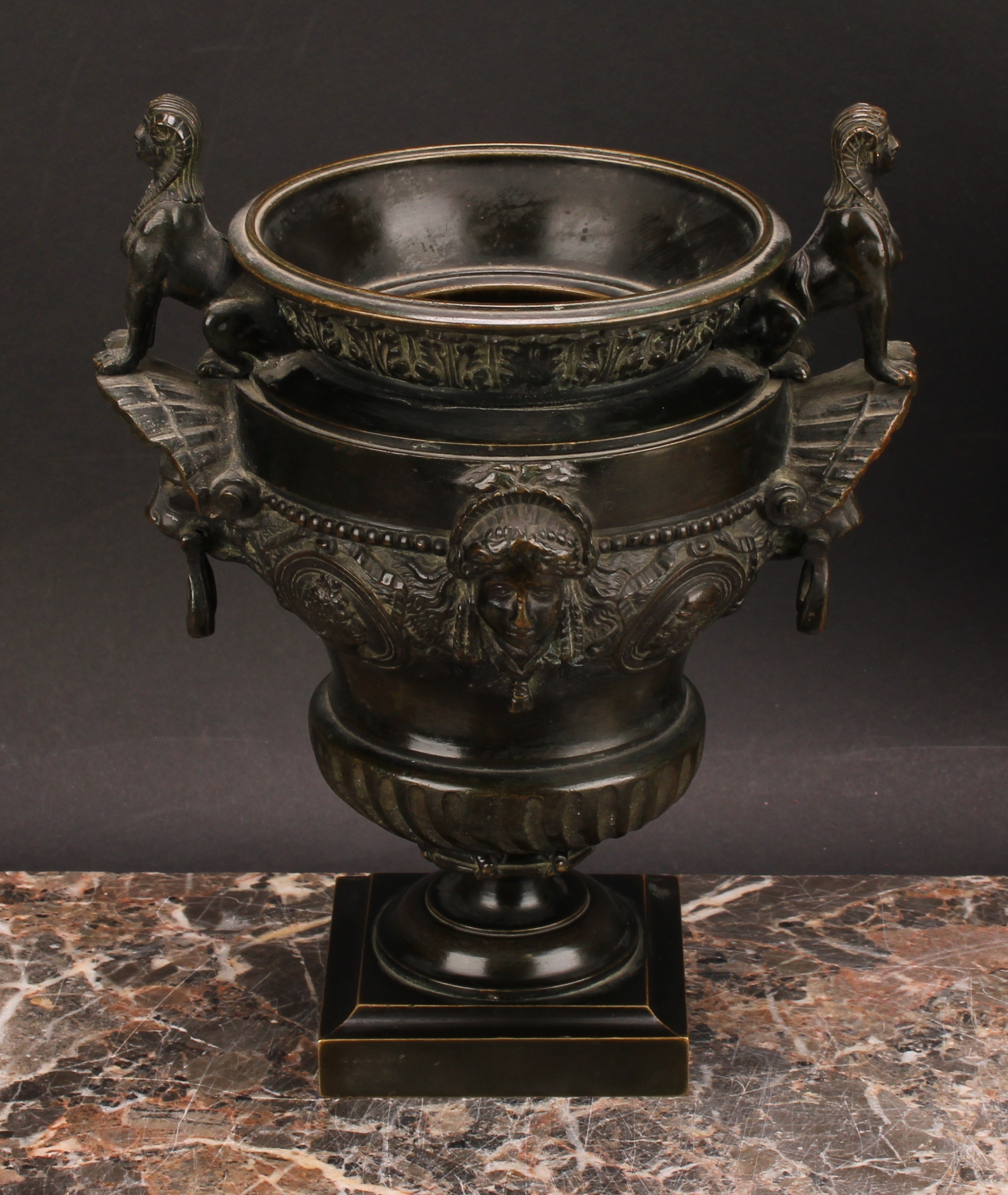 A pair of late 19th century dark patinated bronze urns, cast in the Classical and Egyptian Revival - Image 3 of 6