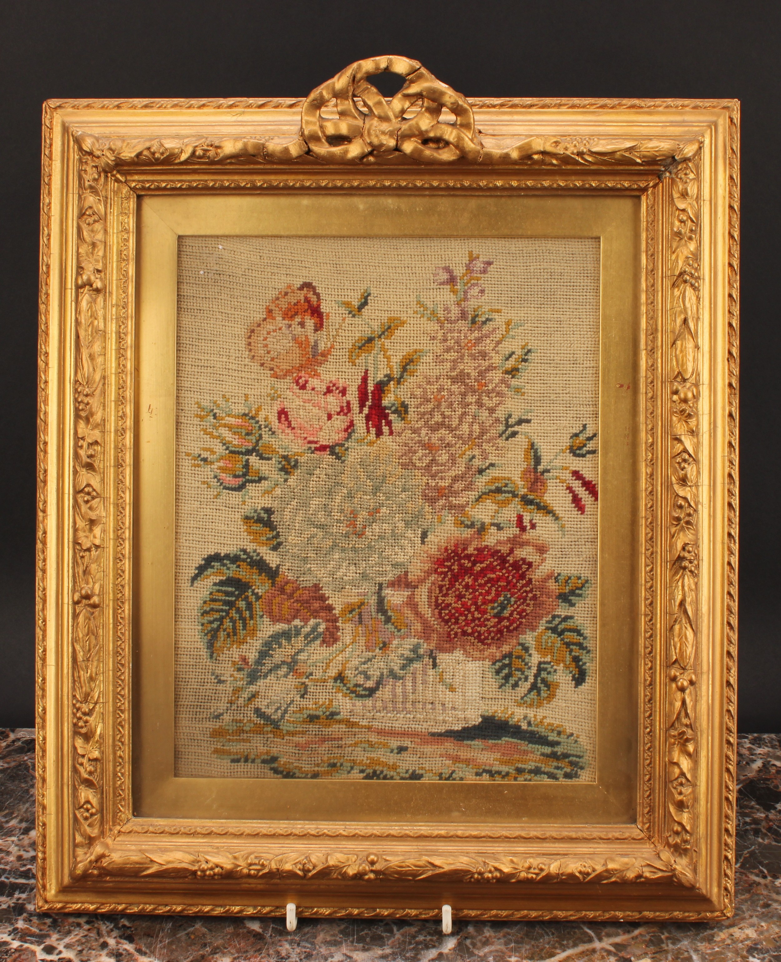 A 19th century woolwork panel, worked in colourful wools with study of flowers, rectangular giltwood - Image 3 of 4