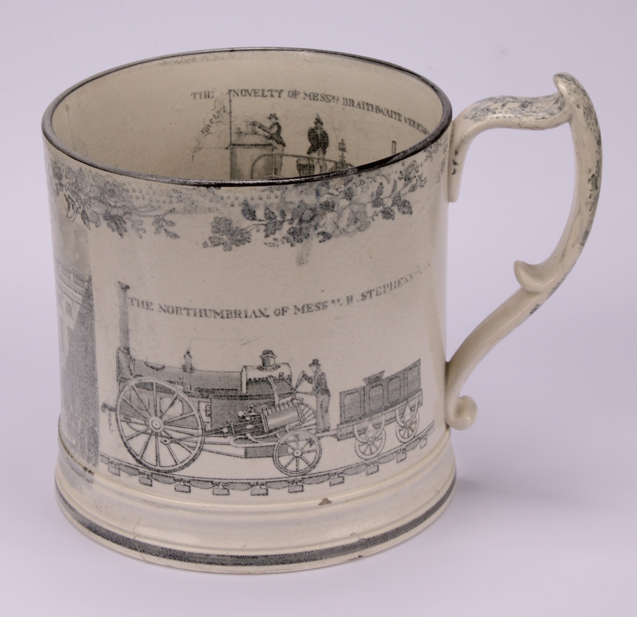 An unusual Liverpool pearlware frog mug, printed in monochrome with Stephenson's Rocket and - Bild 2 aus 5