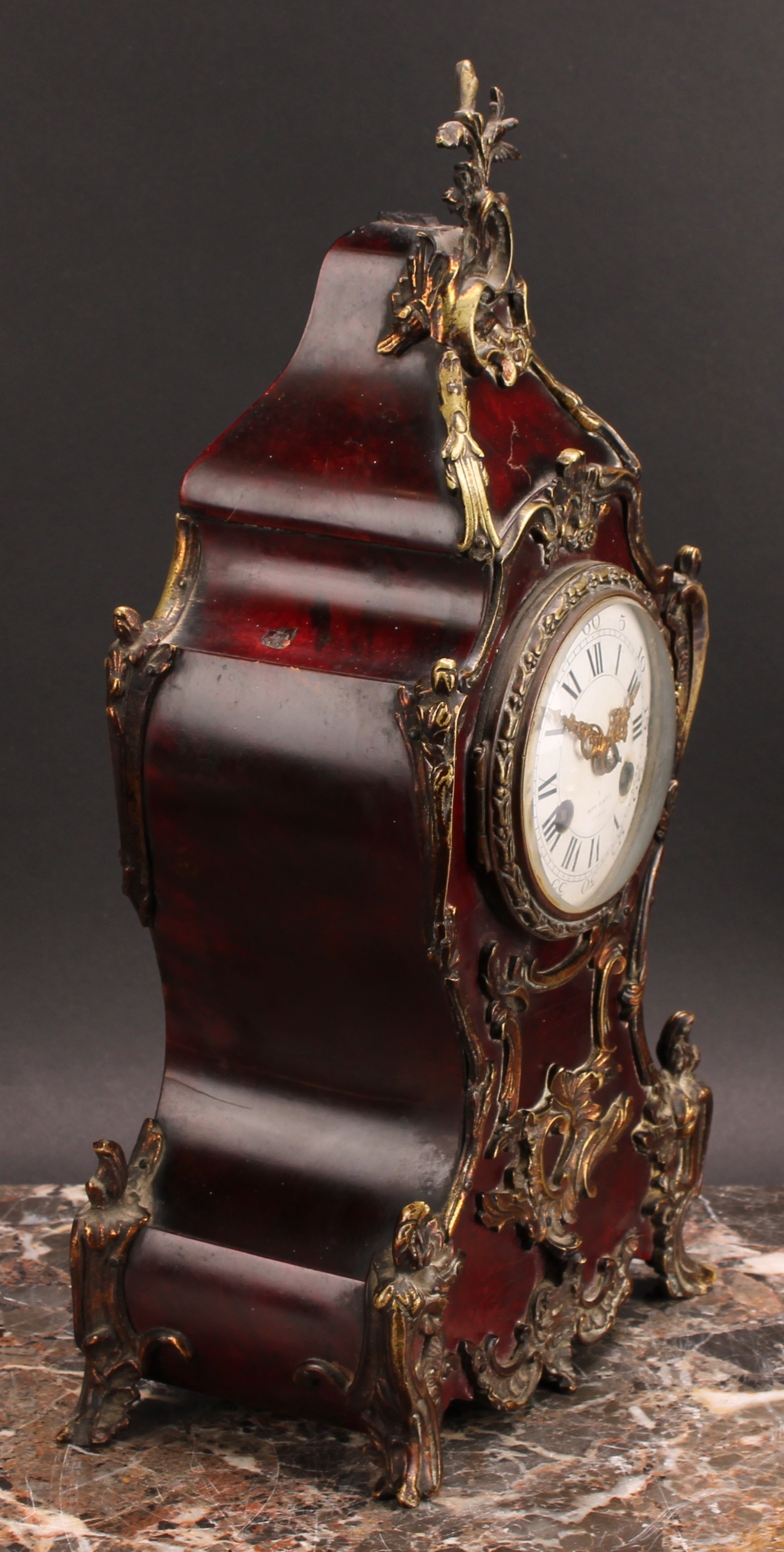 A Louis XV Revival gilt metal mounted simulated tortoiseshell mantel clock, 8cm circular enamel dial - Image 2 of 5