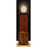 A George III/IV longcase clock, 32cm arched painted dial, decorated with allegories of the four