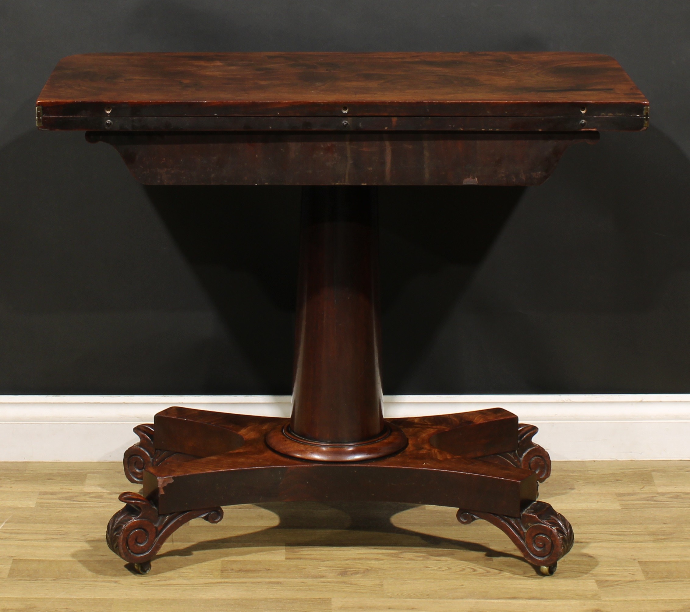 A George/William IV mahogany tea table, rounded rectangular folding top above a deep frieze carved - Image 6 of 6