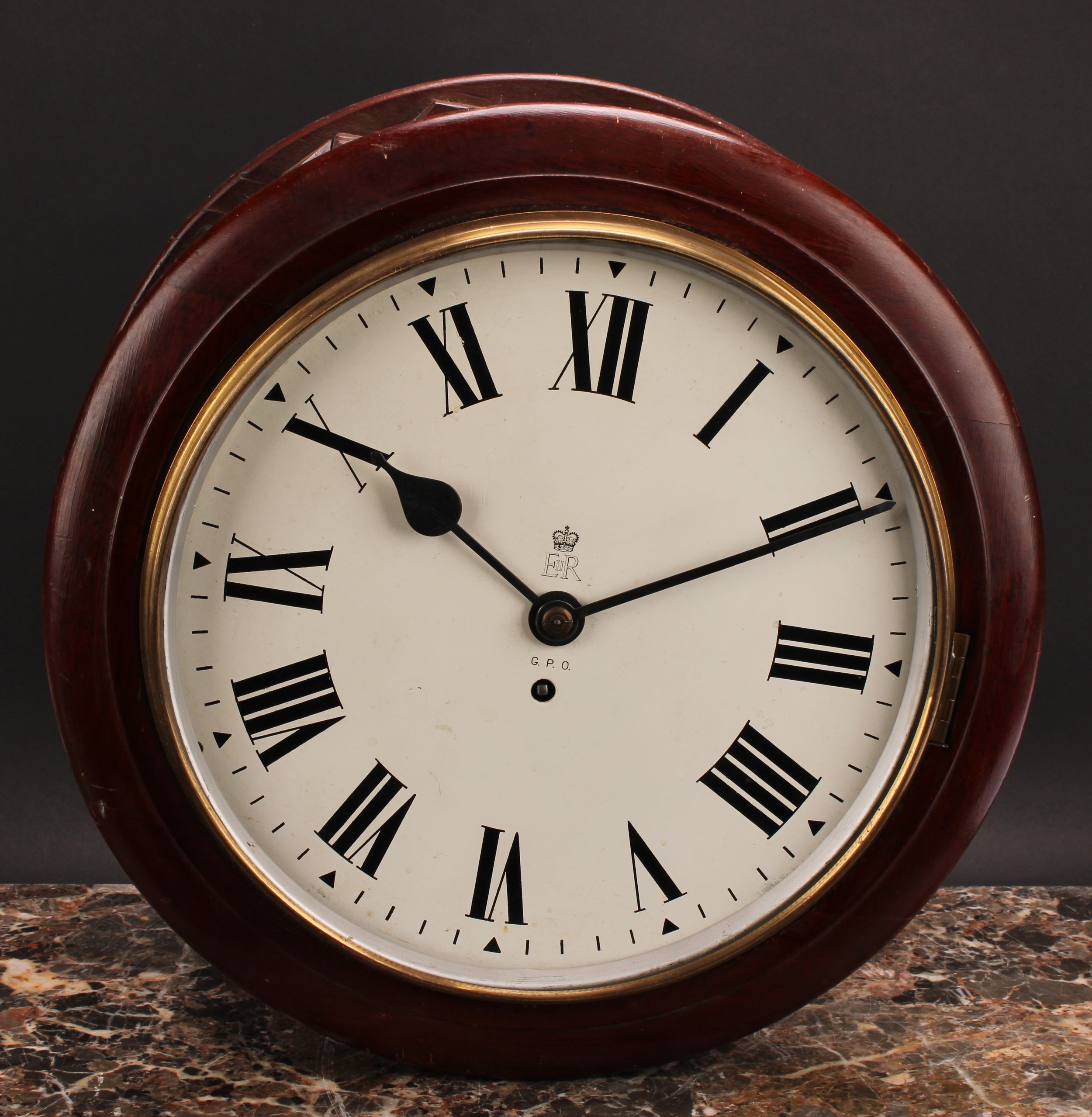 A mid 20th century mahogany British General Post Office double-sided fusee timepiece, each 28cm