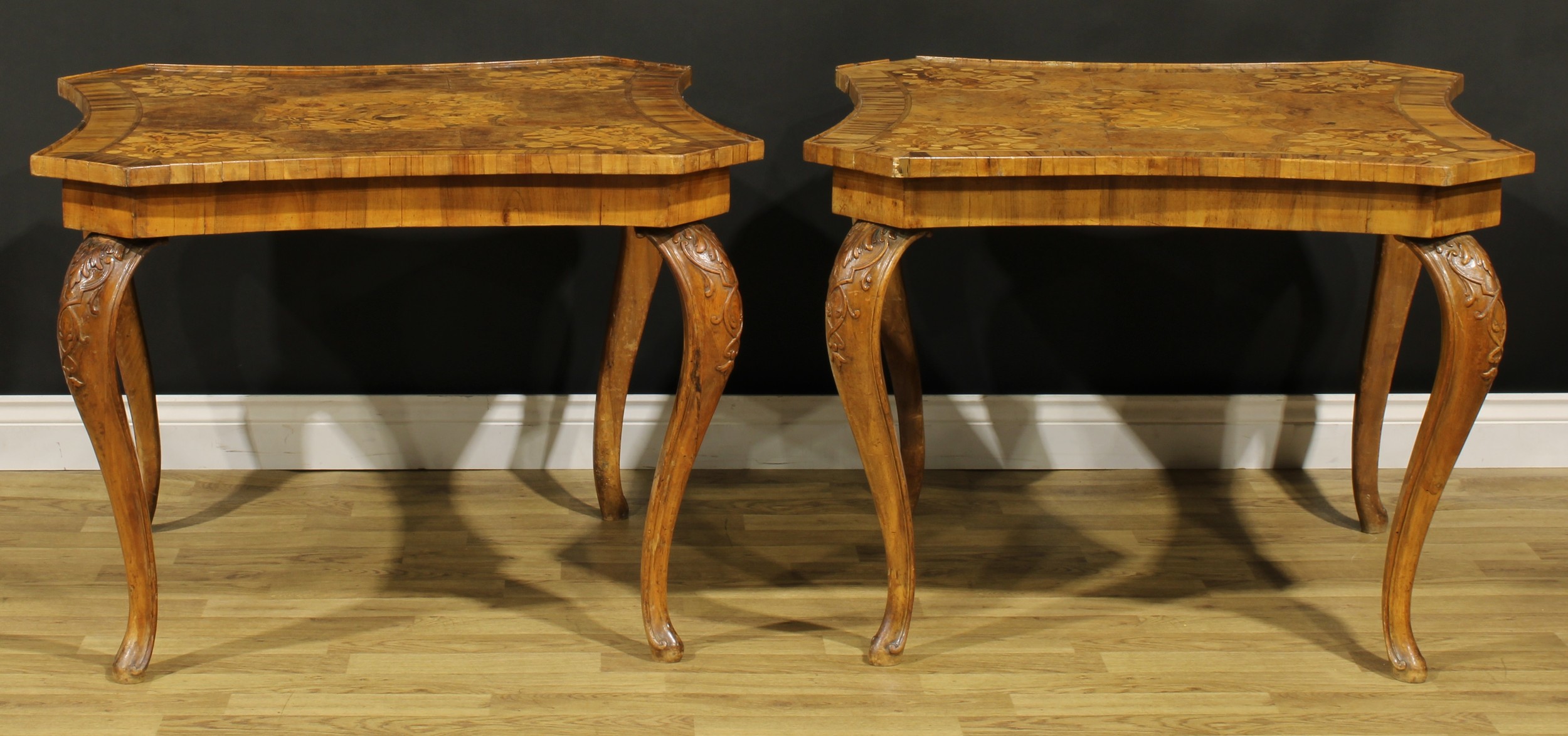 A pair of 19th century Italian Sorrento marquetry centre tables, each incurve canted square top