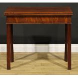 A George III mahogany card table, hinged top enclosing a baize lined playing surface, moulded