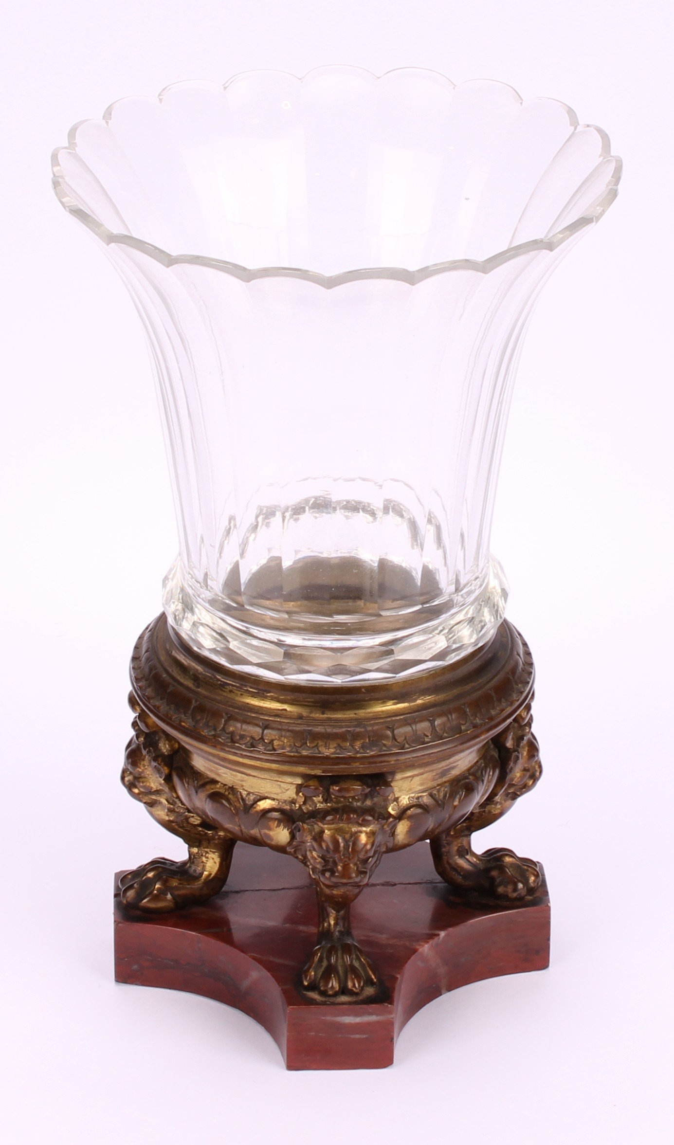 A 19th century pair of gilt bronze and clear glass mantel urns, cast lion monopodia, incurved canted - Image 5 of 6