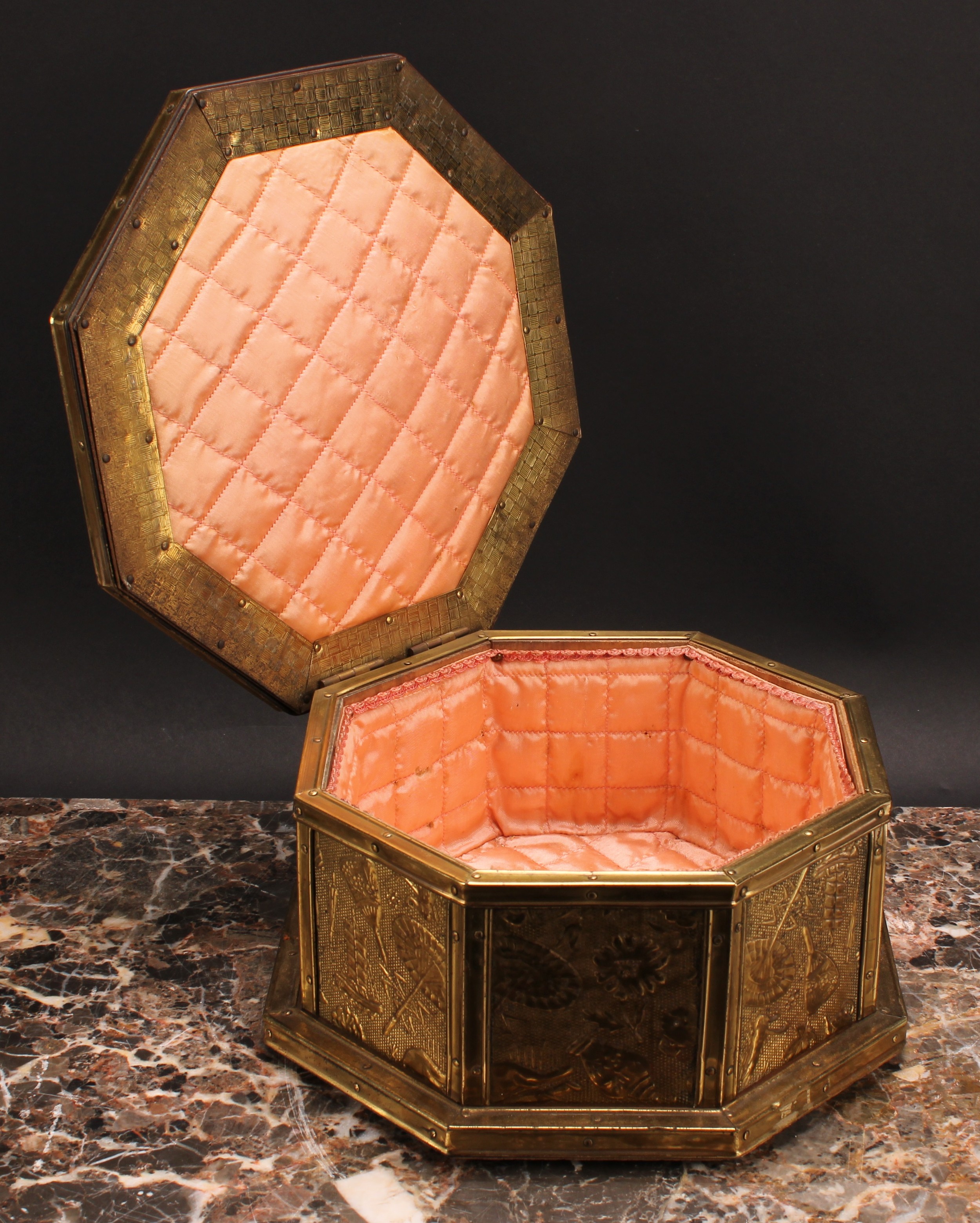 An early 20th century brass mounted octagonal sewing box, embossed in the Aesthetic Movement taste - Image 3 of 3