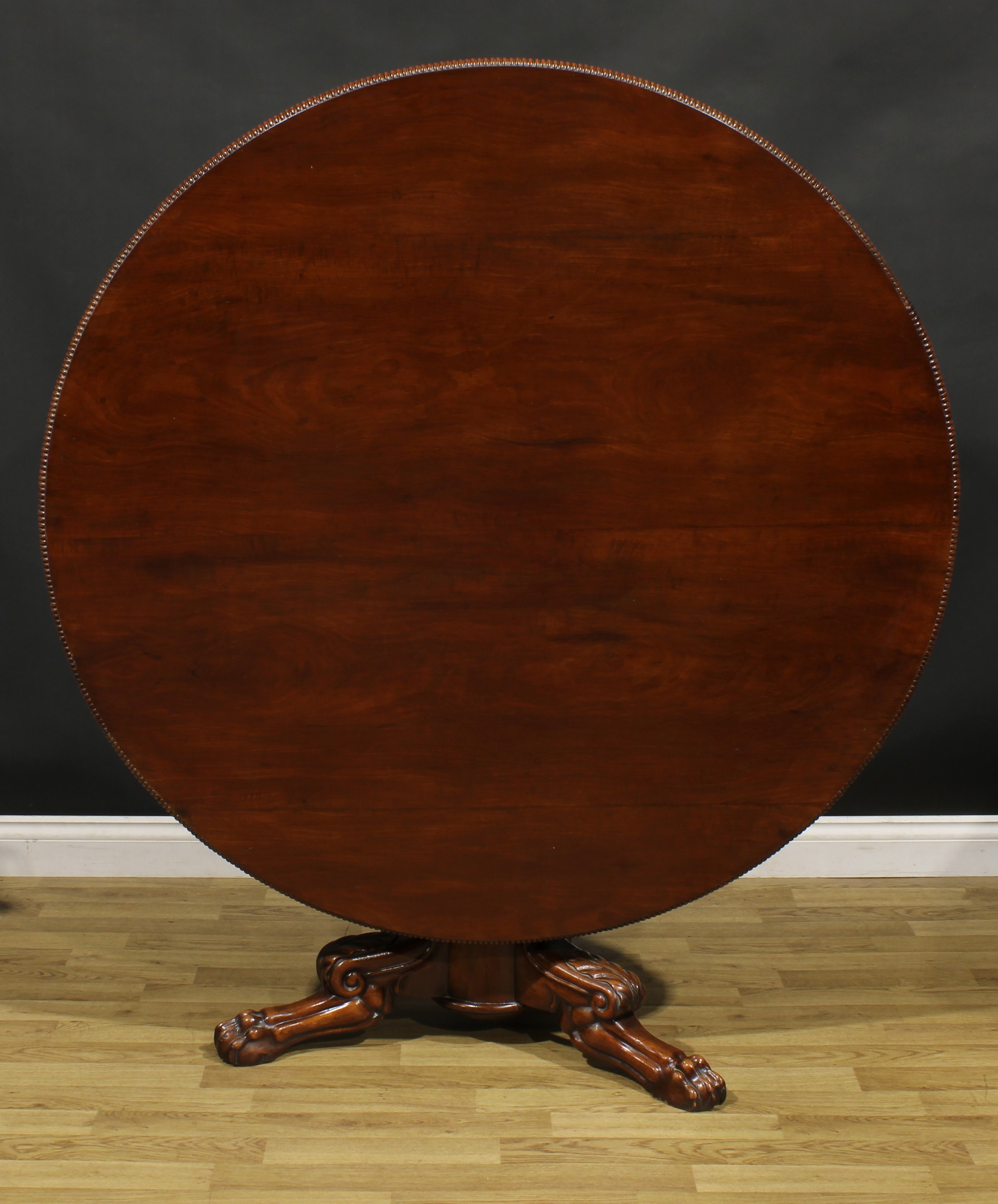 A 19th century mahogany centre table, possibly Irish, circular tilting top with reel moulded edge, - Image 3 of 4