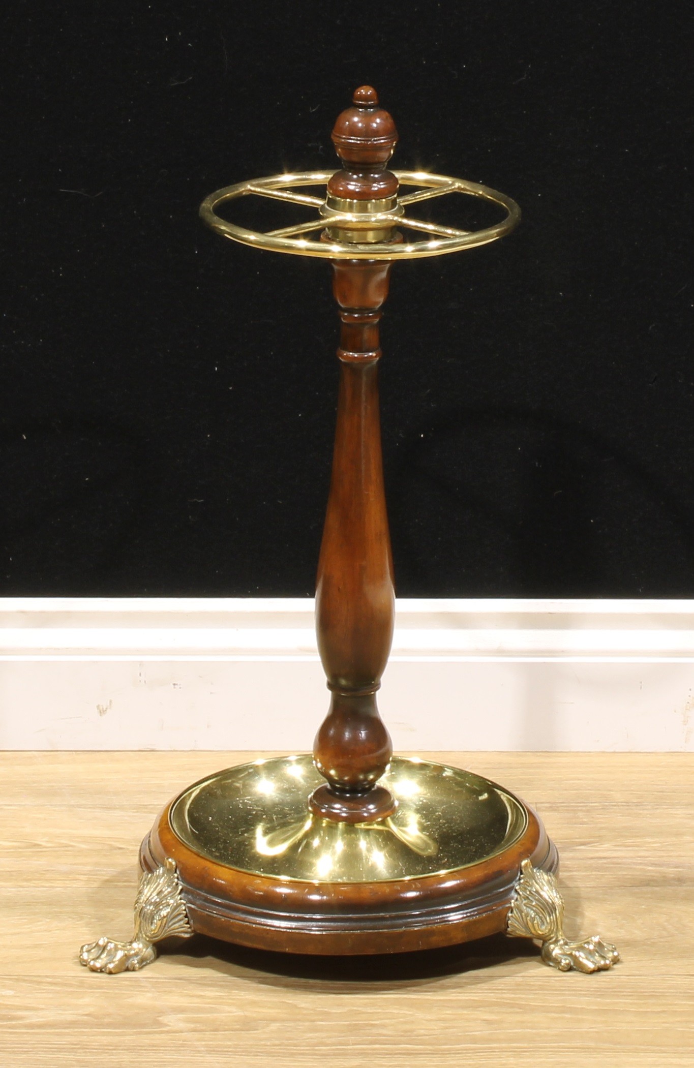 A 19th century design walnut and brass-mounted walking stick stand, turned baluster and finial, - Image 2 of 2