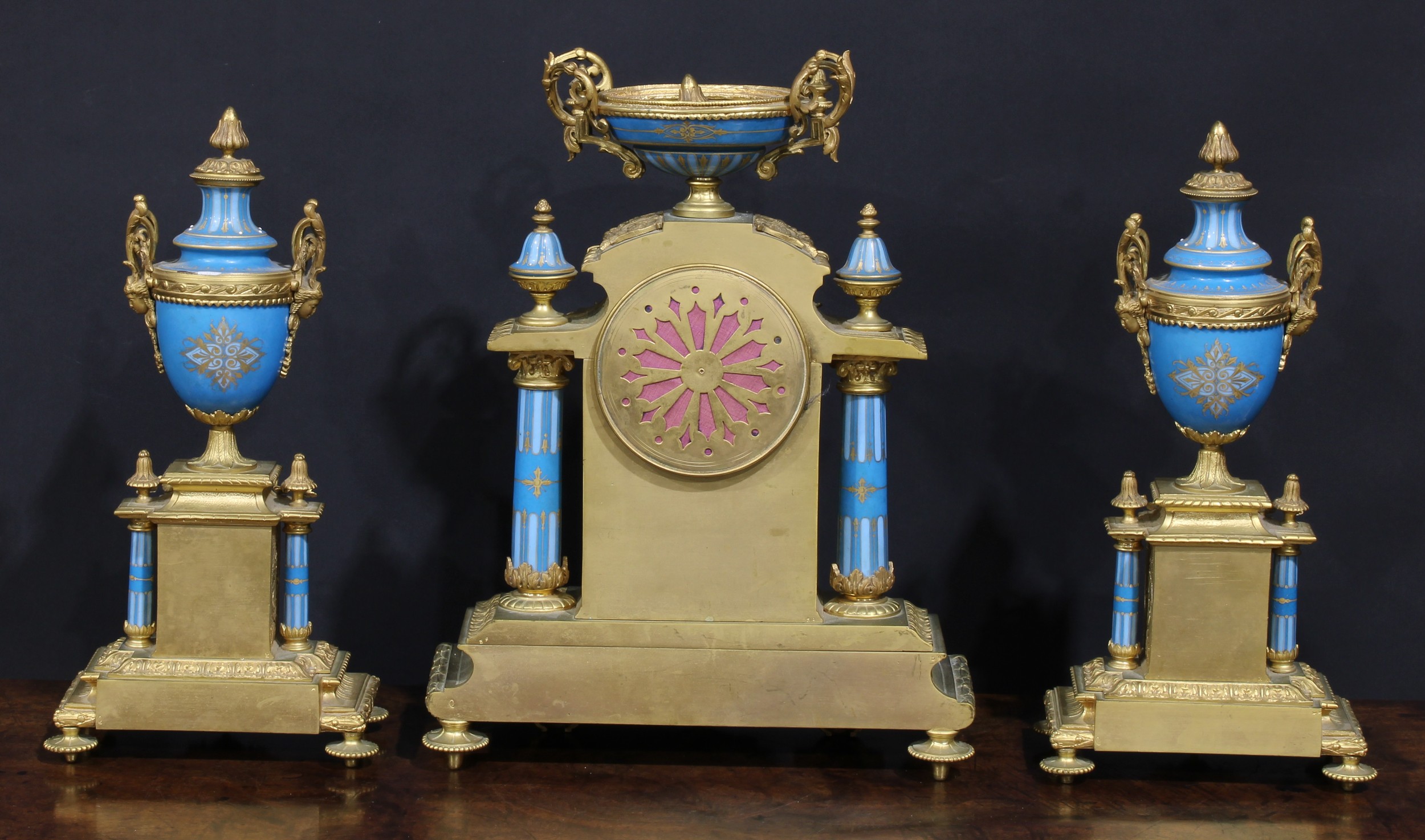 A 19th century French ormolu and porcelain clock garniature, in the Louis XVI Revival taste, 9cm - Image 4 of 4