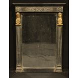 A 19th century parcel-gilt ebonised looking glass, rectangular mirror plate, flanked by female