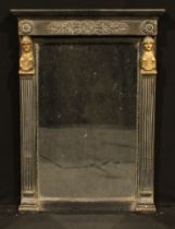 A 19th century parcel-gilt ebonised looking glass, rectangular mirror plate, flanked by female