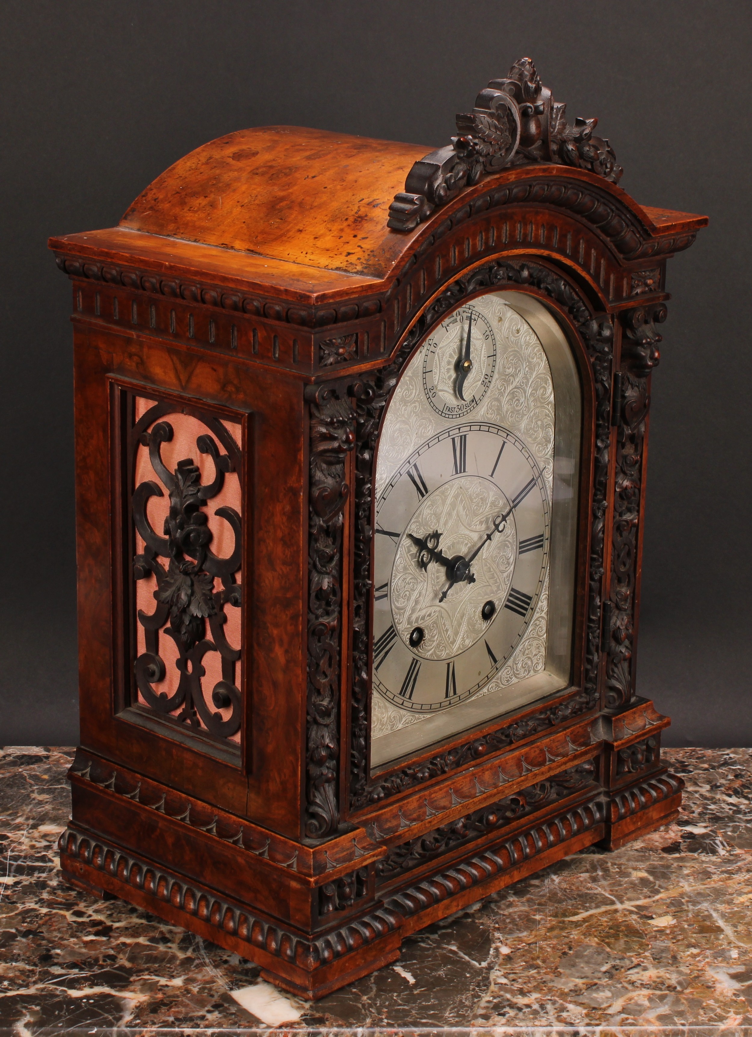 A Victorian walnut bracket clock, 15cm arched silvered dial profusely engraved with scrolling - Image 2 of 5