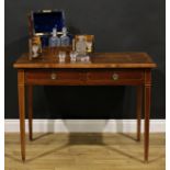 A Sheraton Revival mahogany side table, rosewood crossbanded rectangular top centred by a flame-