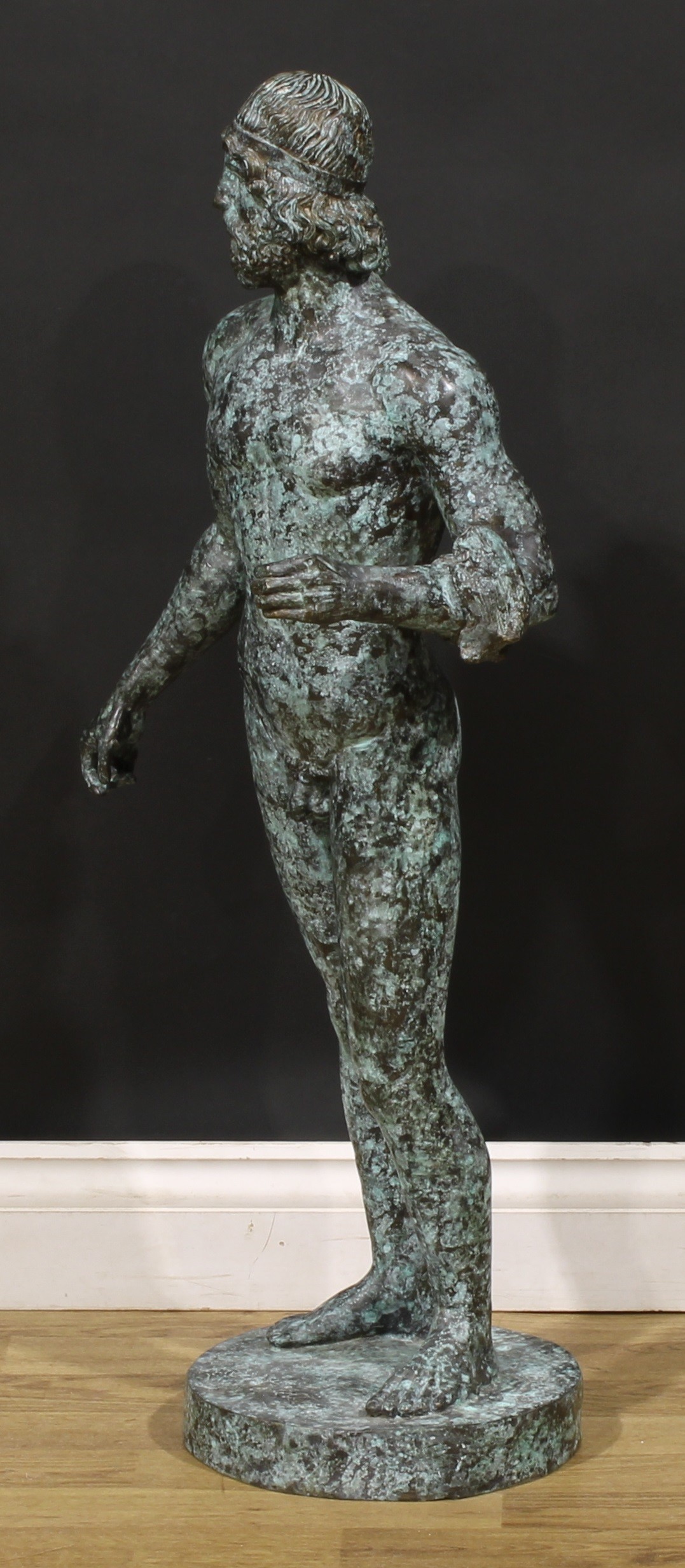 After the antique, a large verdigris patinated bronze figure, Warrior of Riace, signed J Tallsten, - Image 3 of 5