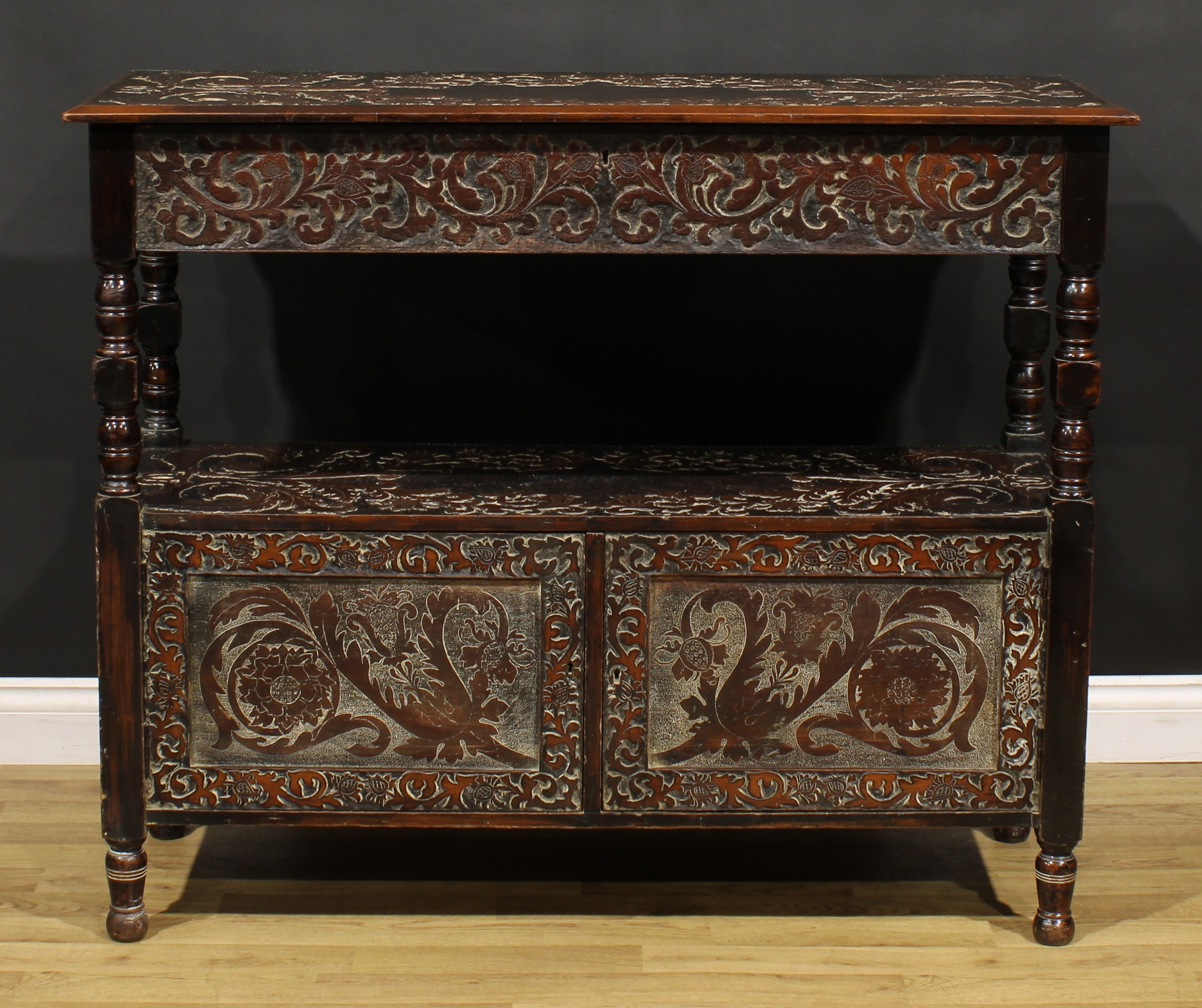 An Arts & Crafts period two-tier buffet serving table, drawer to frieze, doors to base, carved - Image 2 of 6