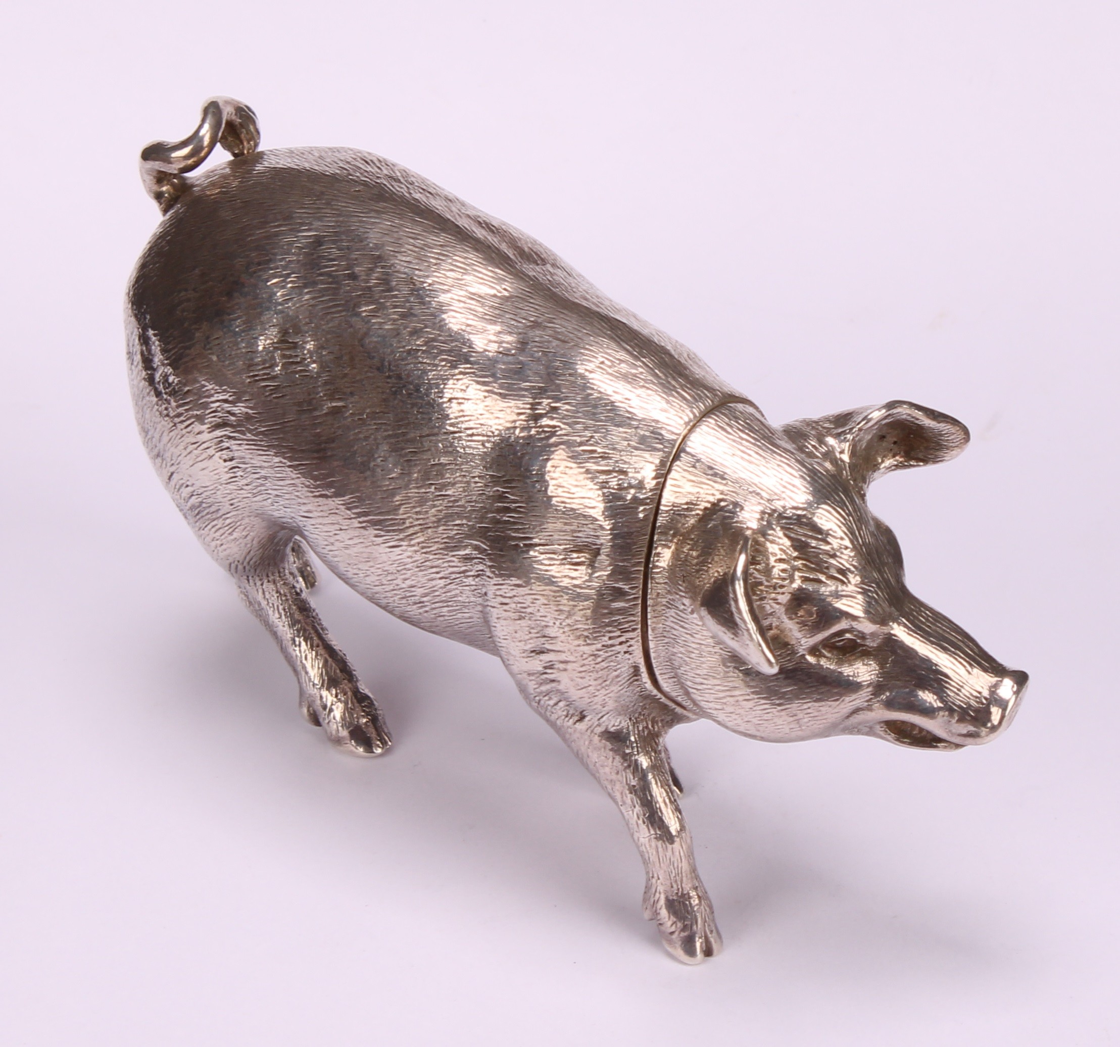 An early 20th century cast silver novelty cannister, as a pig, push-fitting cover, 11cm long, import - Image 3 of 7