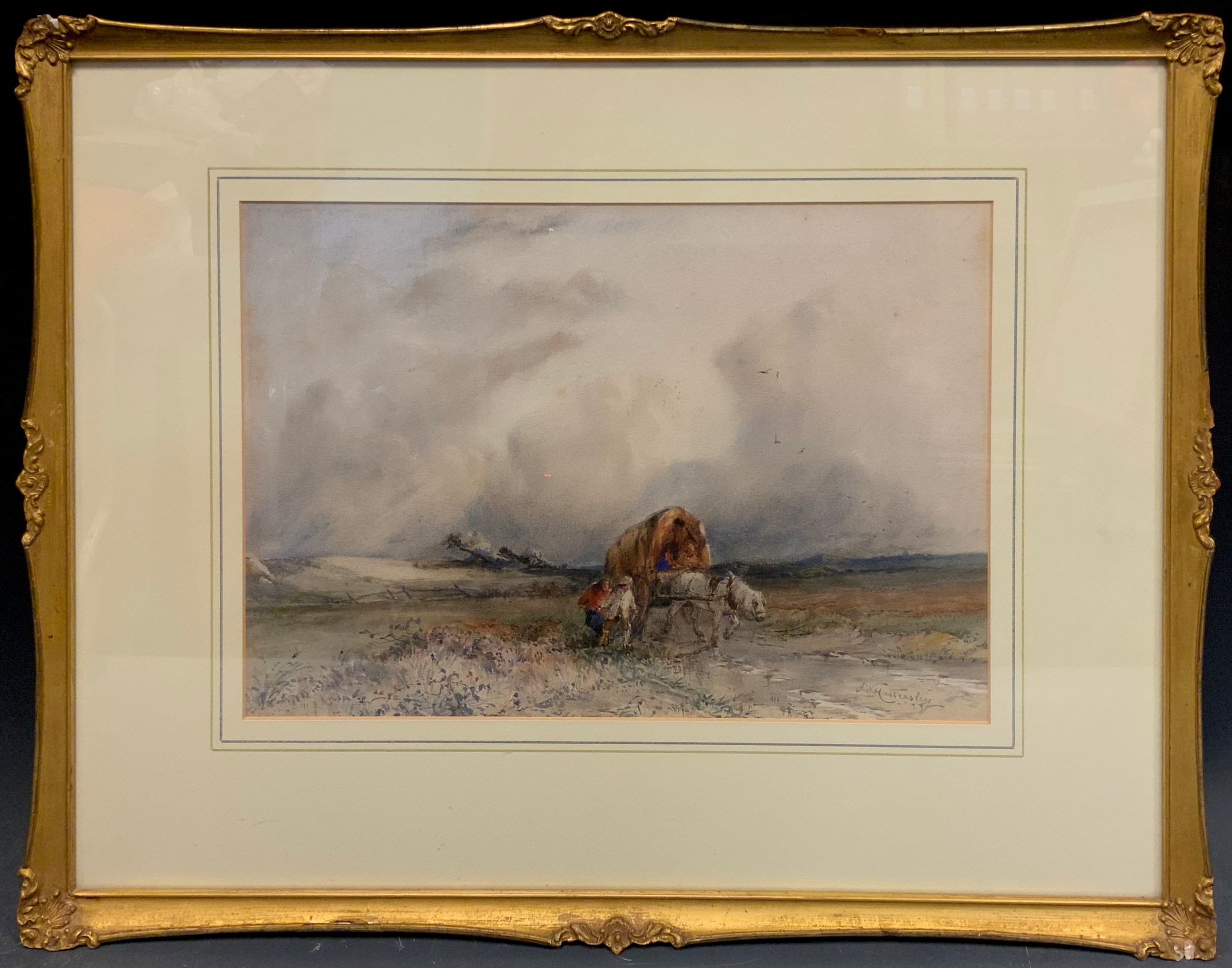 Frederick William Hattersley (1859-1942) - Gypsy Caravan on the high moor, signed, watercolour, 24cm