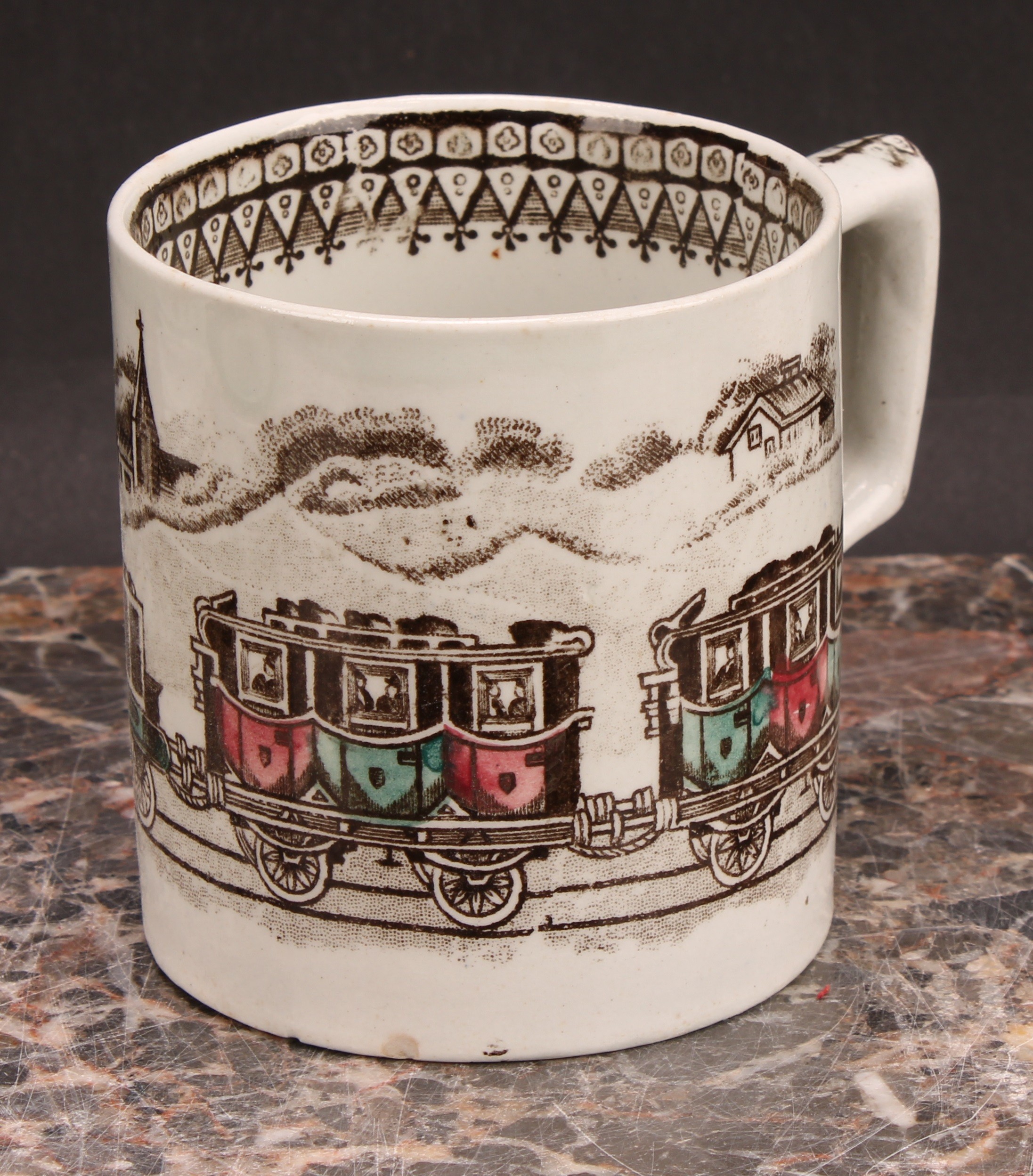 Railway Interest - a 19th century Staffordshire pearlware mug, printed in sepia tones, picked out in - Image 8 of 10