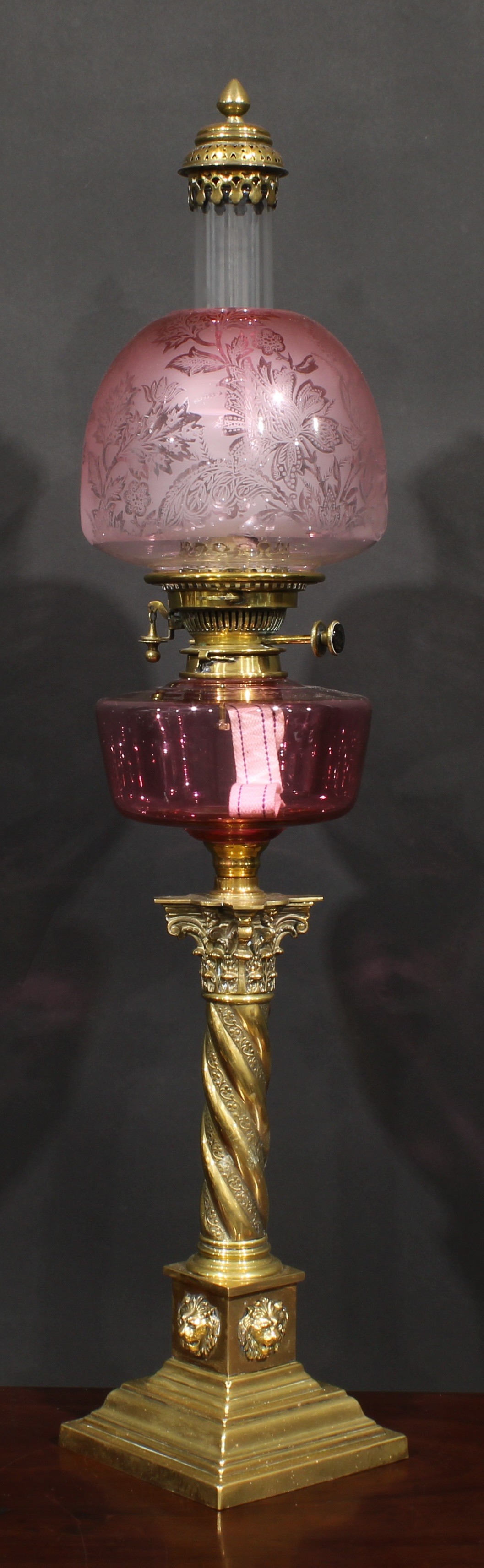 A 19th century brass oil lamp, Maple London, cranberry glass font, Hinks Patent twin burner, ovoid - Image 2 of 2