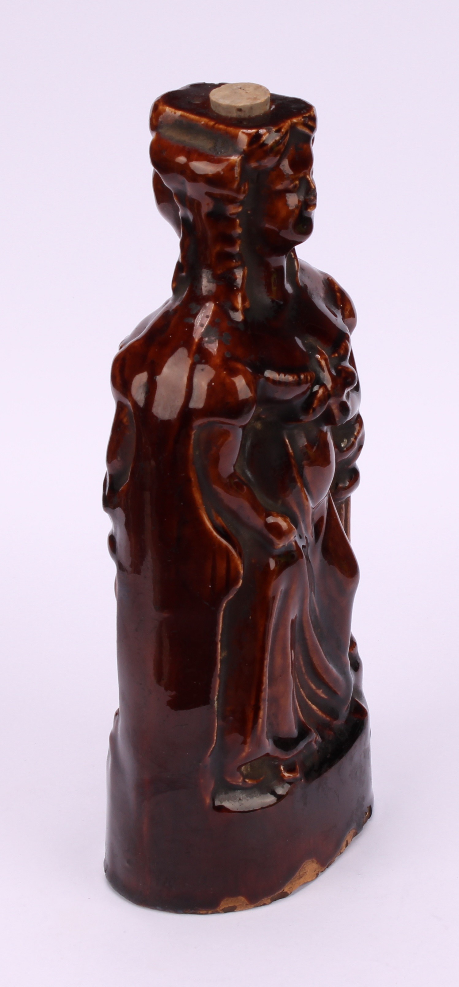 A 19th century treacle glazed reform flask, moulded on both sides as Queen Victoria, 18.5cm high - Image 3 of 4