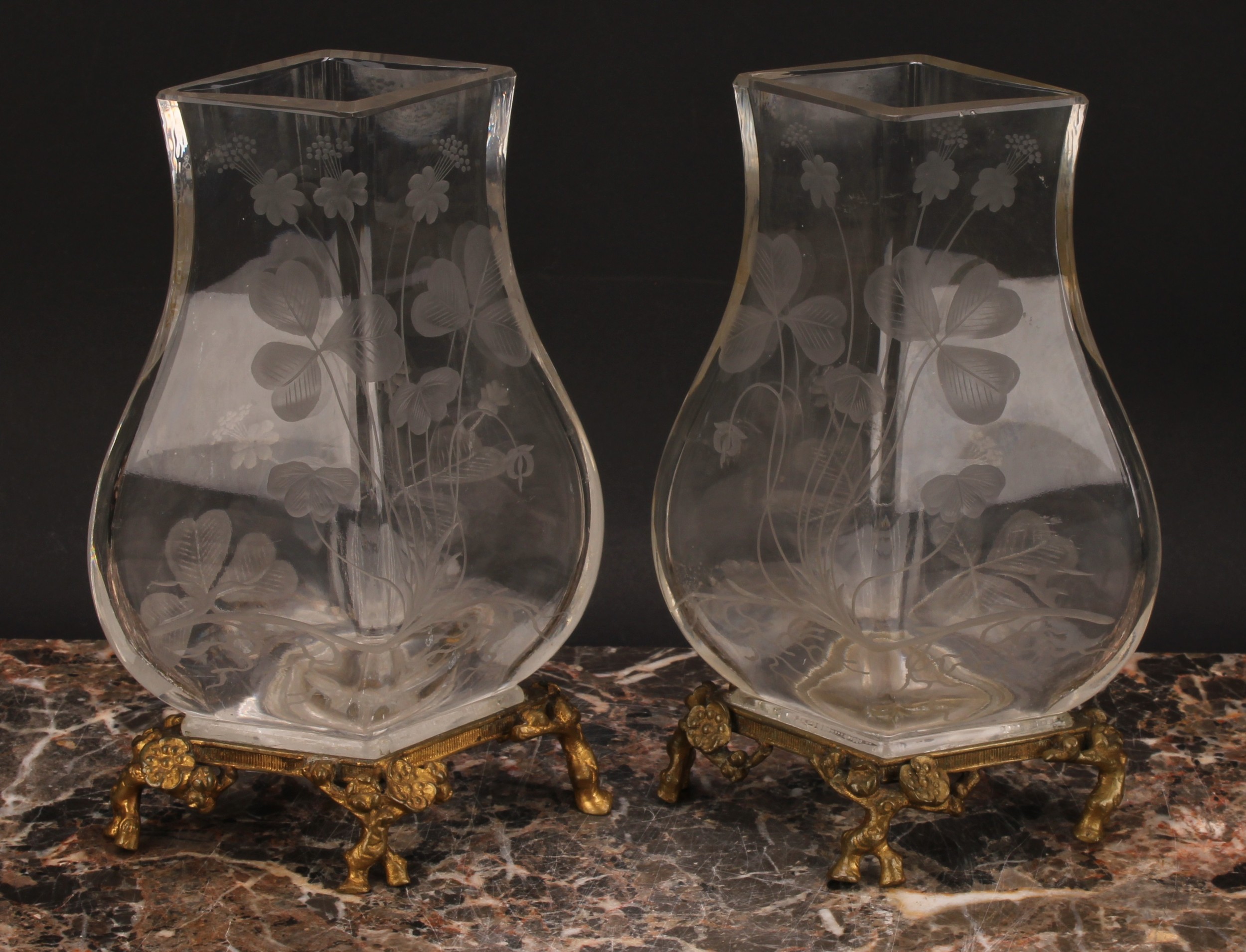 A pair of Continental ormolu mounted clear glass vases, each etched in the Art Nouveau taste with - Image 2 of 4